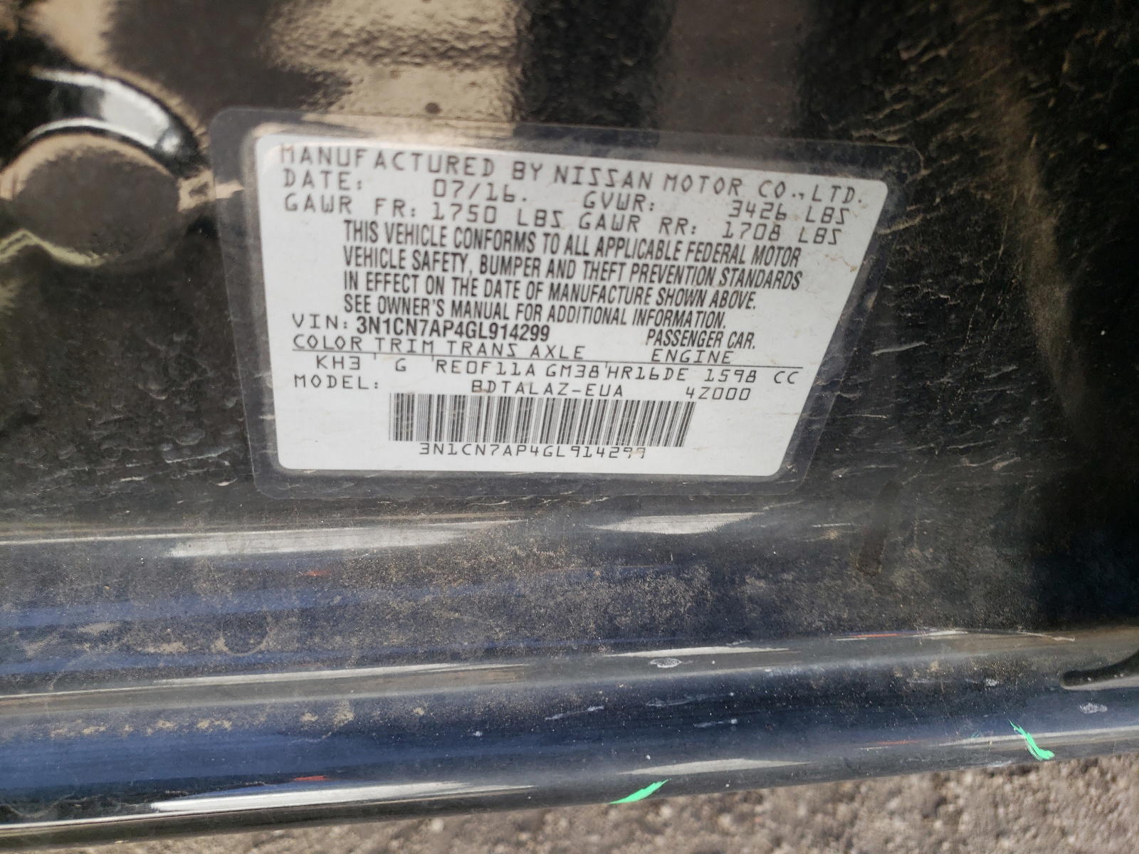 Photo 10 from auction – 2016 NISSAN VERSA S with VIN 3N1CN7AP4GL914299