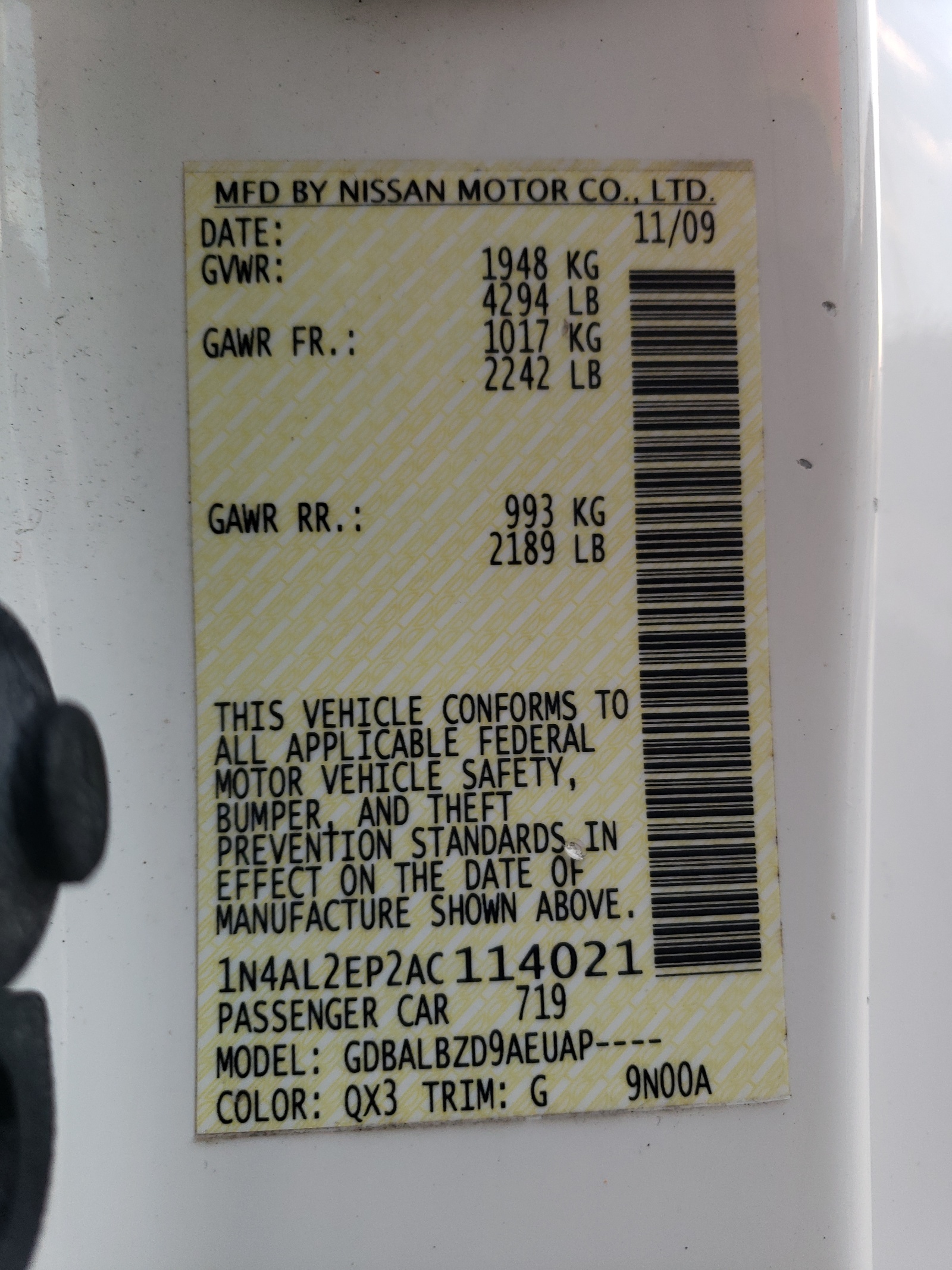 Photo 10 from auction – 2010 NISSAN ALTIMA S with VIN 1N4AL2EP2AC114021