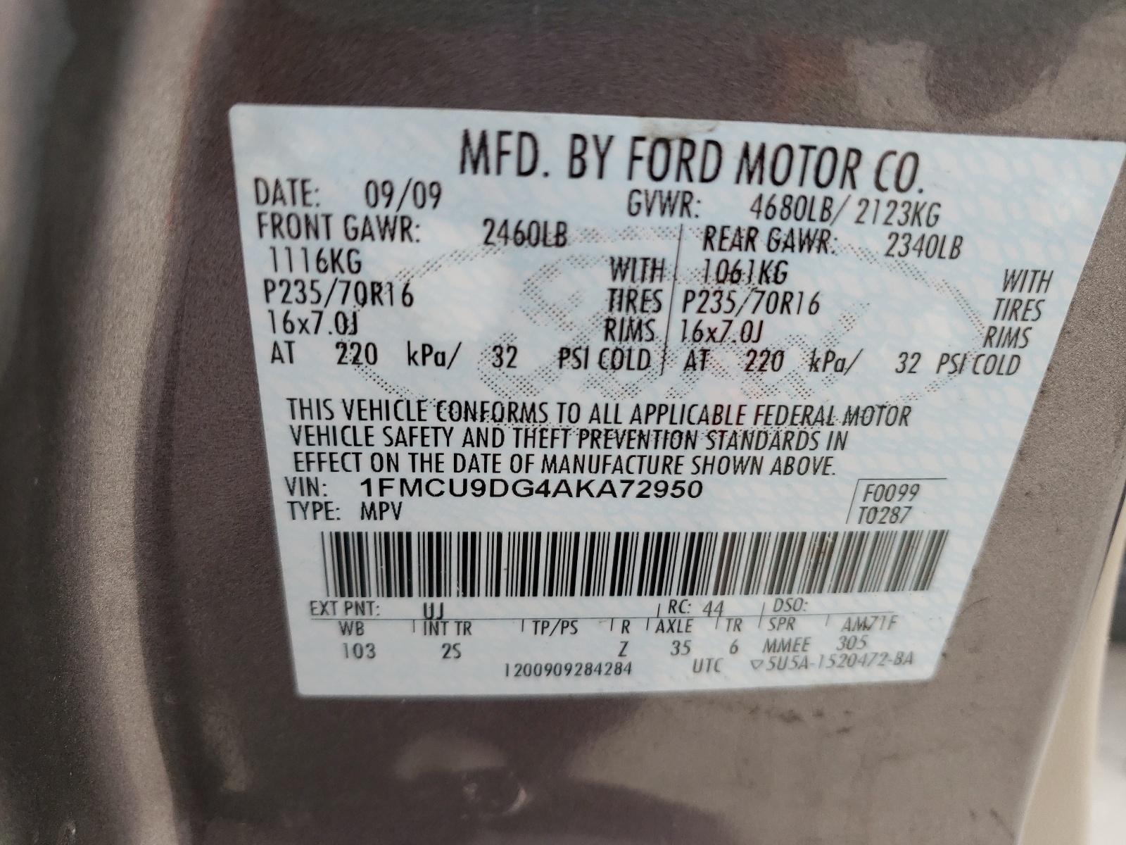 Photo 10 from auction – 2010 FORD ESCAPE XLT with VIN 1FMCU9DG4AKA72950