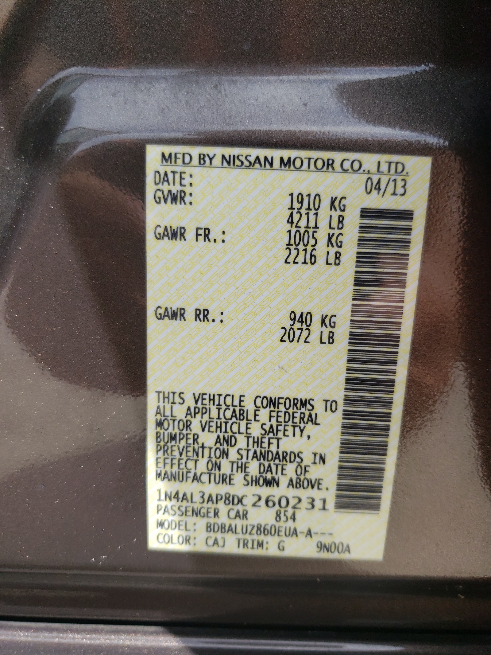 Photo 10 from auction – 2013 NISSAN ALTIMA 2.5 with VIN 1N4AL3AP8DC260231