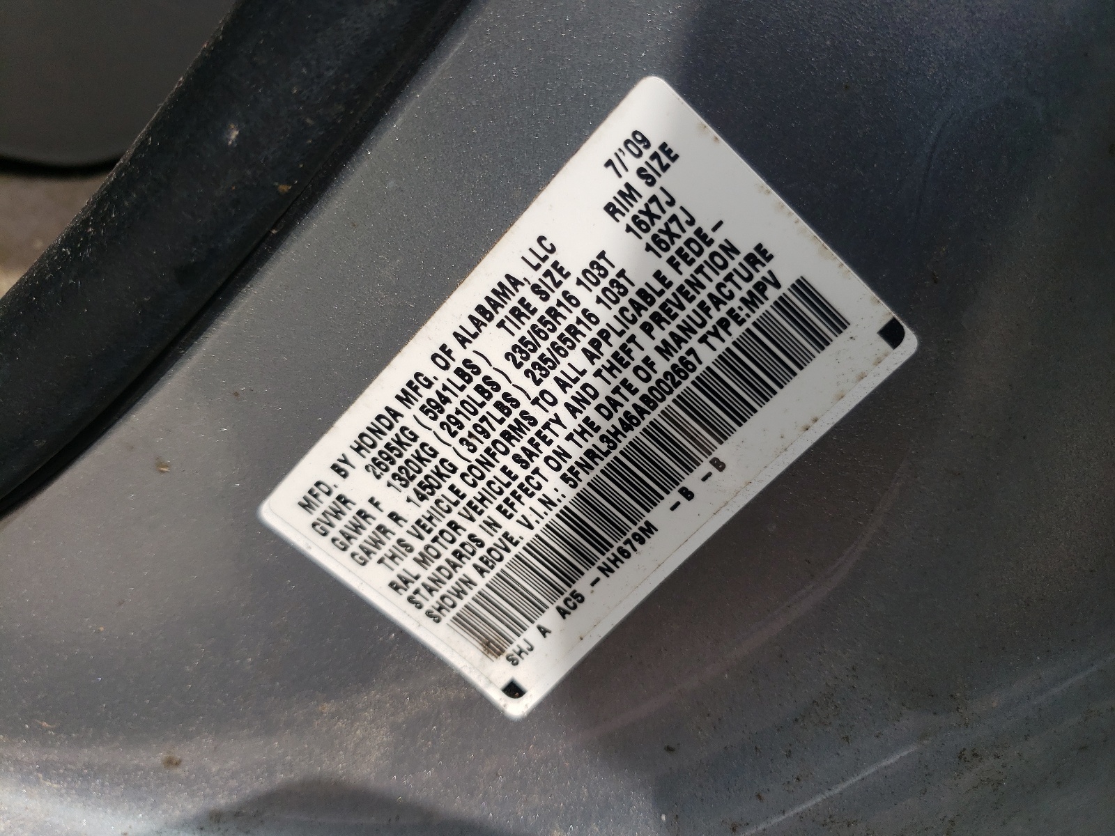 Photo 10 from auction – 2010 HONDA ODYSSEY EX with VIN 5FNRL3H46AB002667
