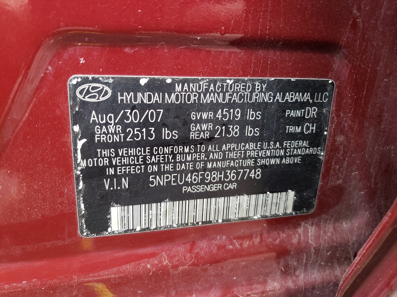 Photo 10 from auction – 2008 HYUNDAI SONATA SE with VIN 5NPEU46F98H367748
