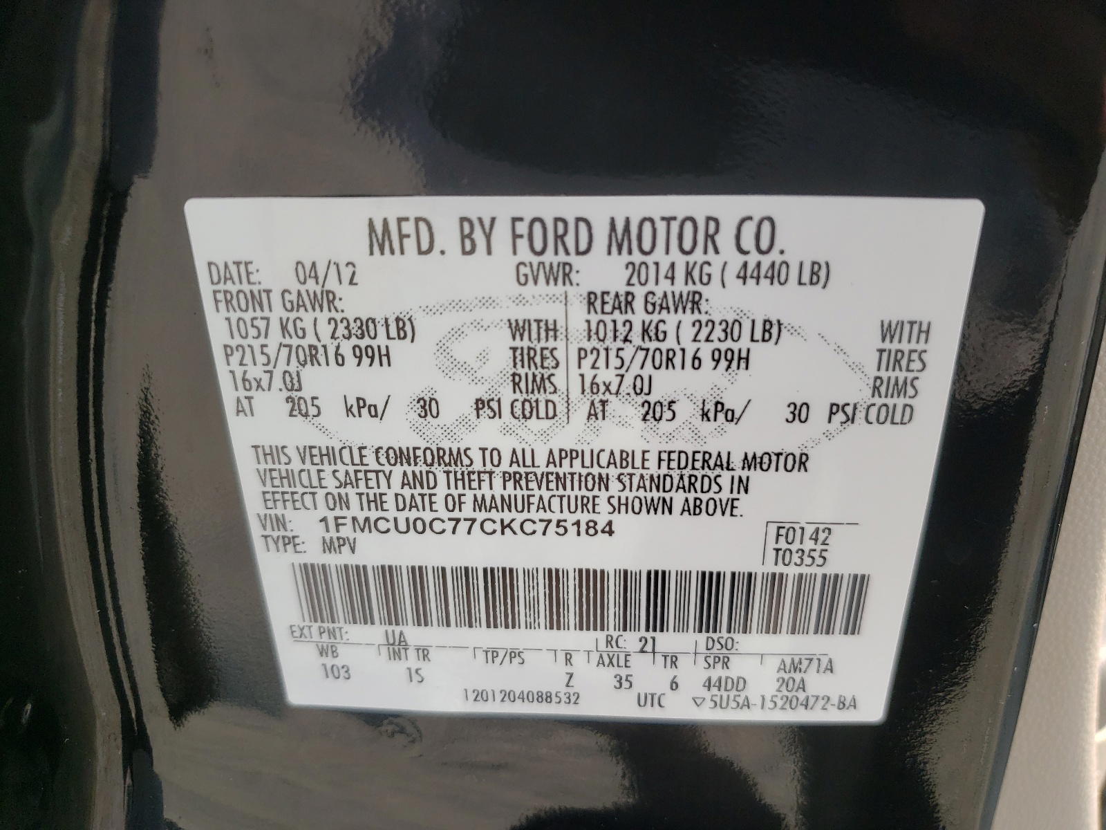 Photo 10 from auction – 2012 FORD ESCAPE XLS with VIN 1FMCU0C77CKC75184