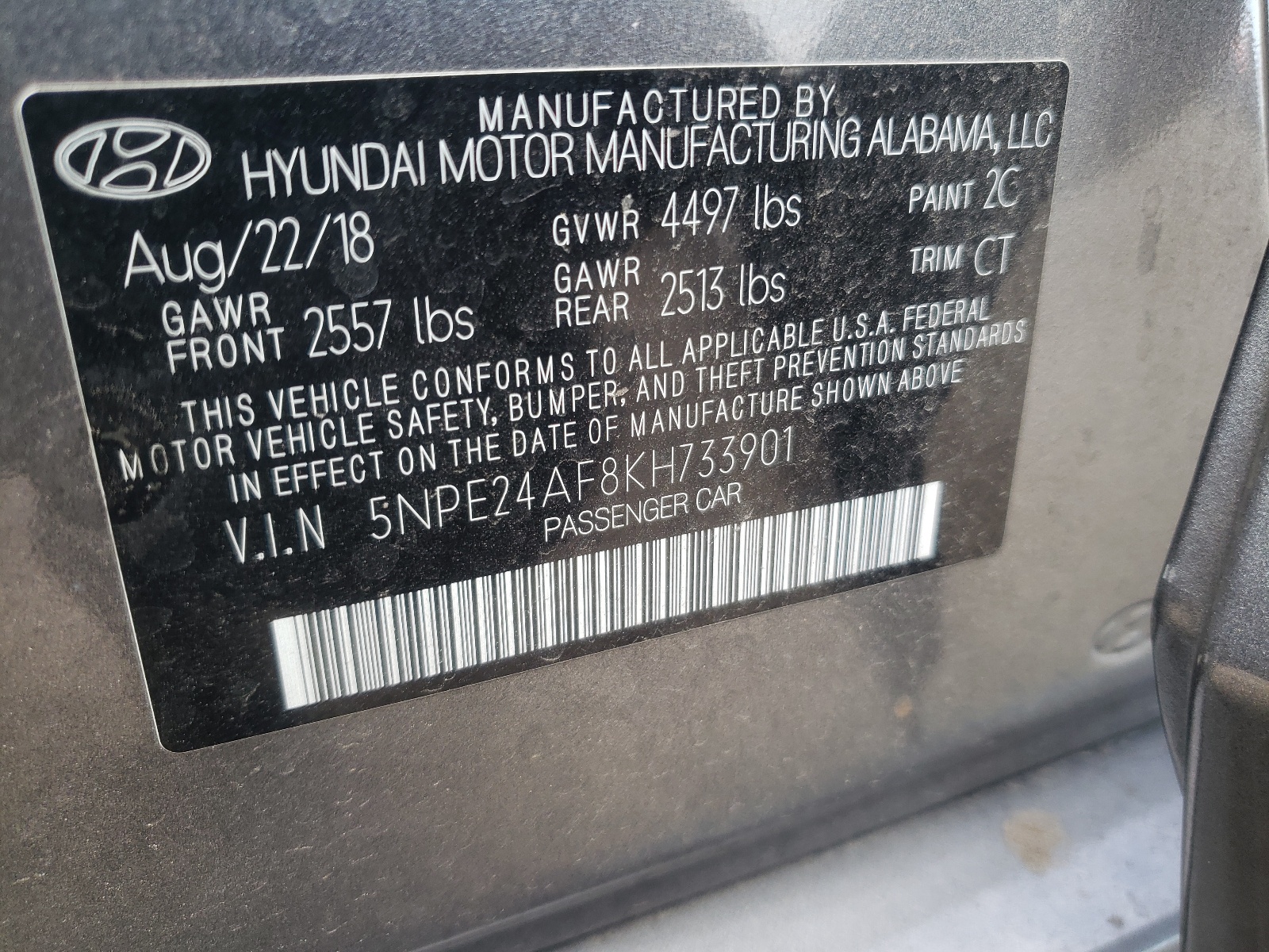 Photo 10 from auction – 2019 HYUNDAI SONATA SE with VIN 5NPE24AF8KH733901