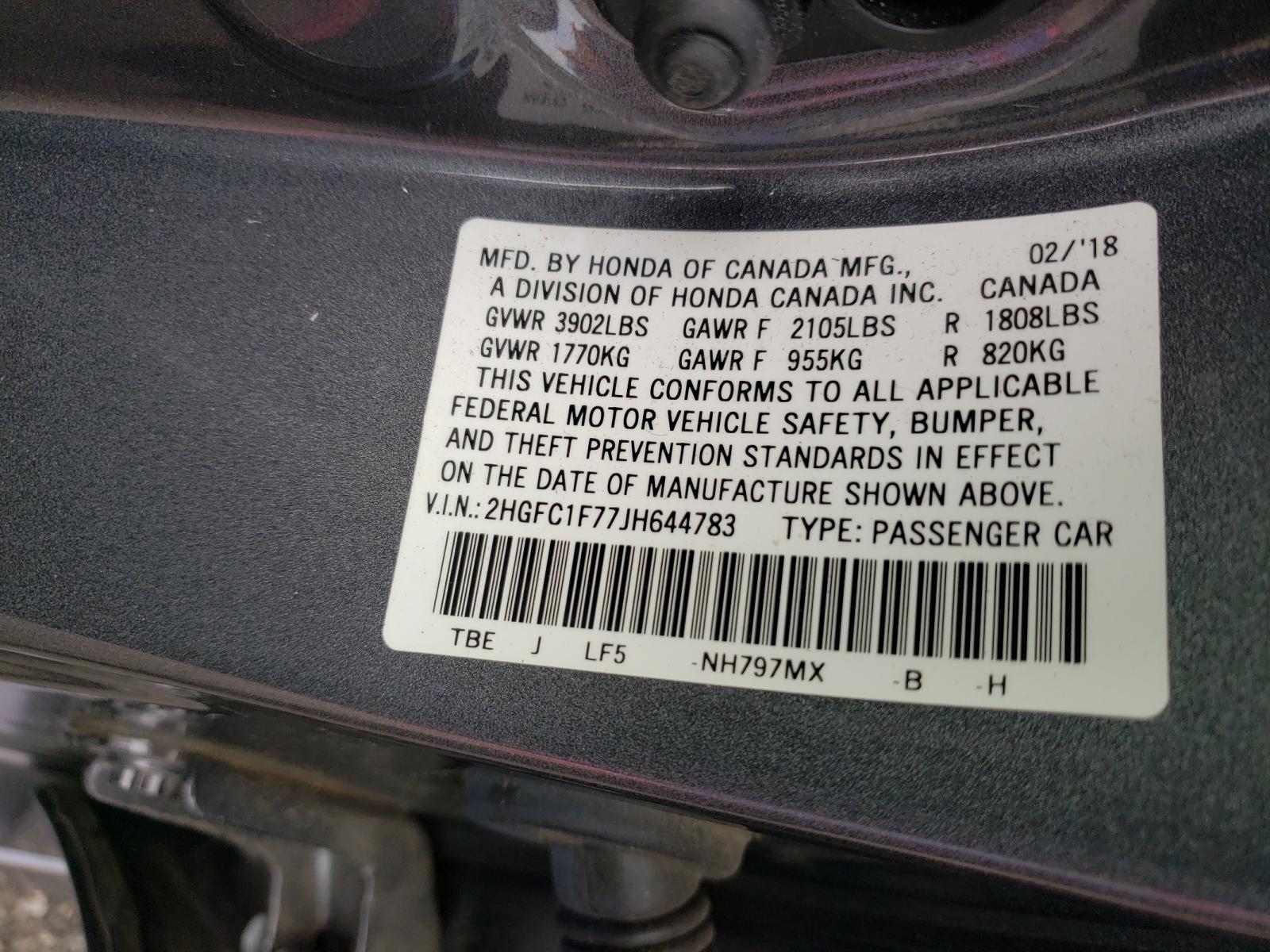 Photo 10 from auction – 2018 HONDA CIVIC EXL with VIN 2HGFC1F77JH644783