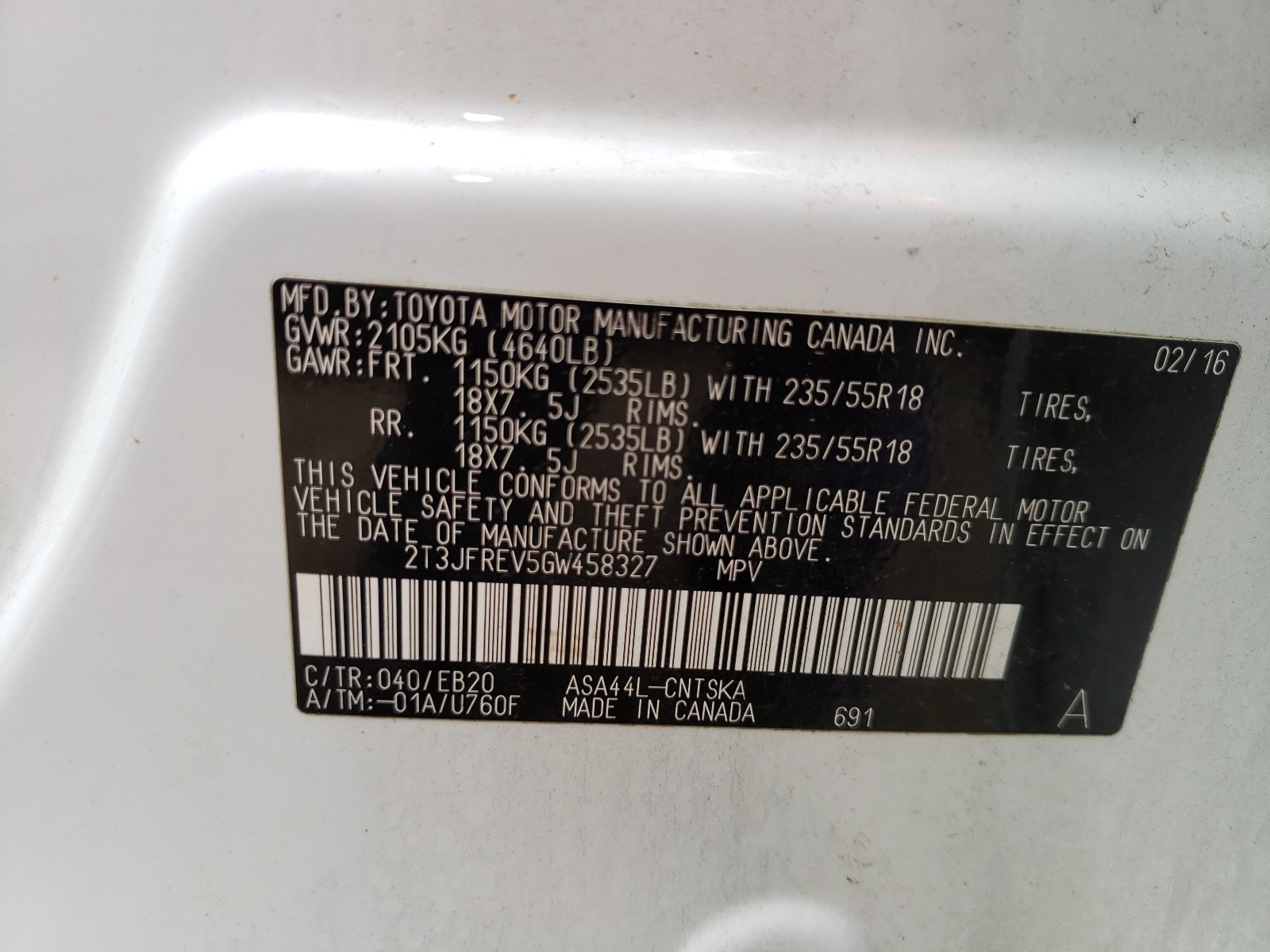 Photo 10 from auction – 2016 TOYOTA RAV4 SE with VIN 2T3JFREV5GW458327