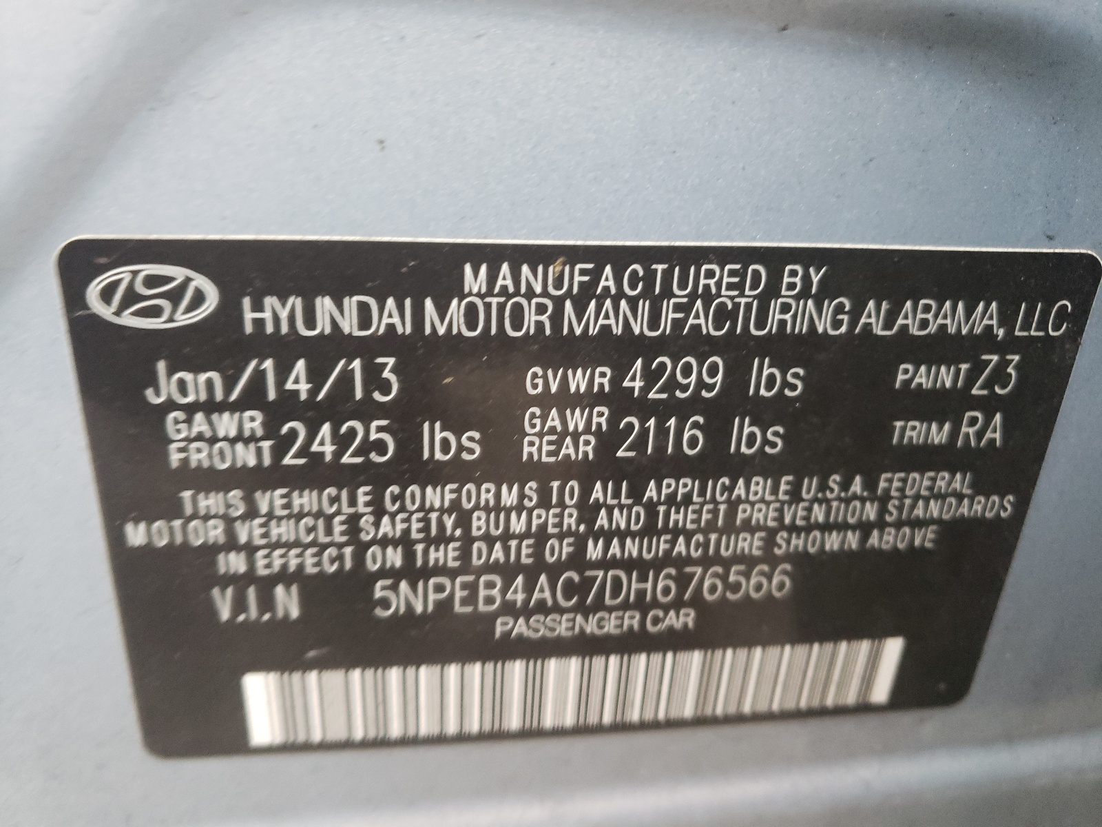 Photo 10 from auction – 2013 HYUNDAI SONATA GLS with VIN 5NPEB4AC7DH676566