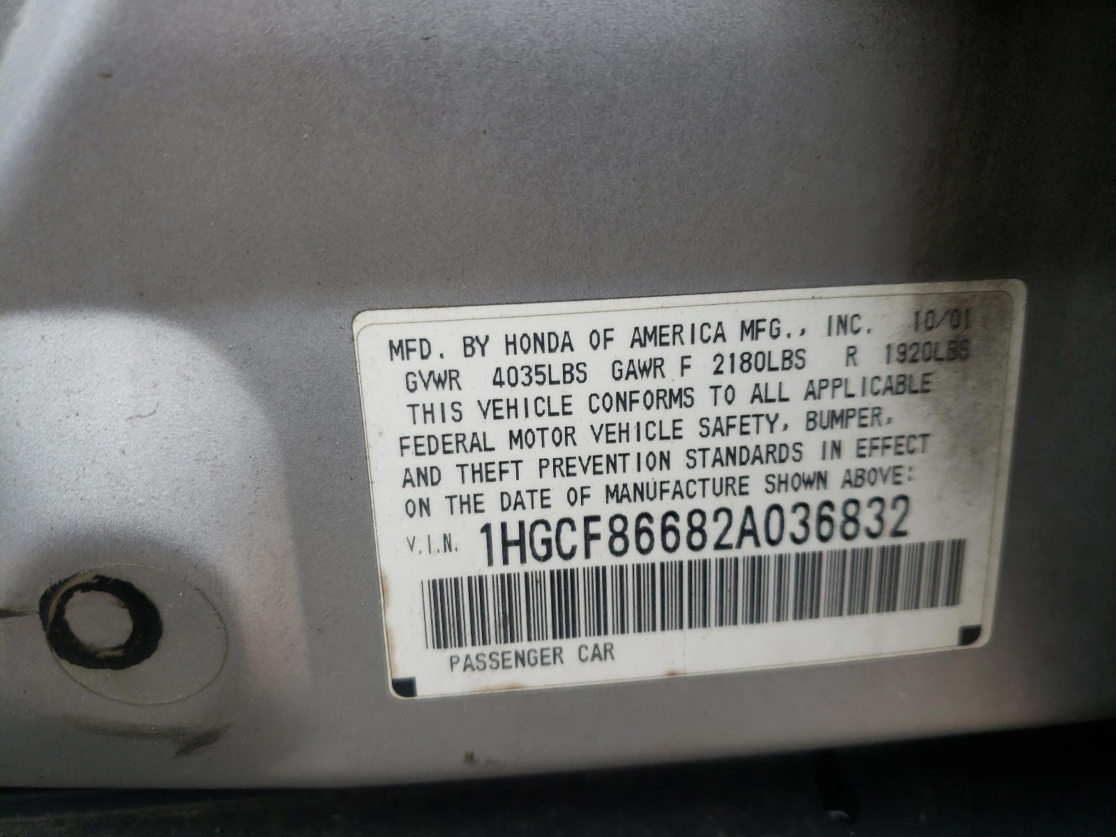 Photo 10 from auction – 2002 HONDA ACCORD with VIN 1HGCF86682A036832