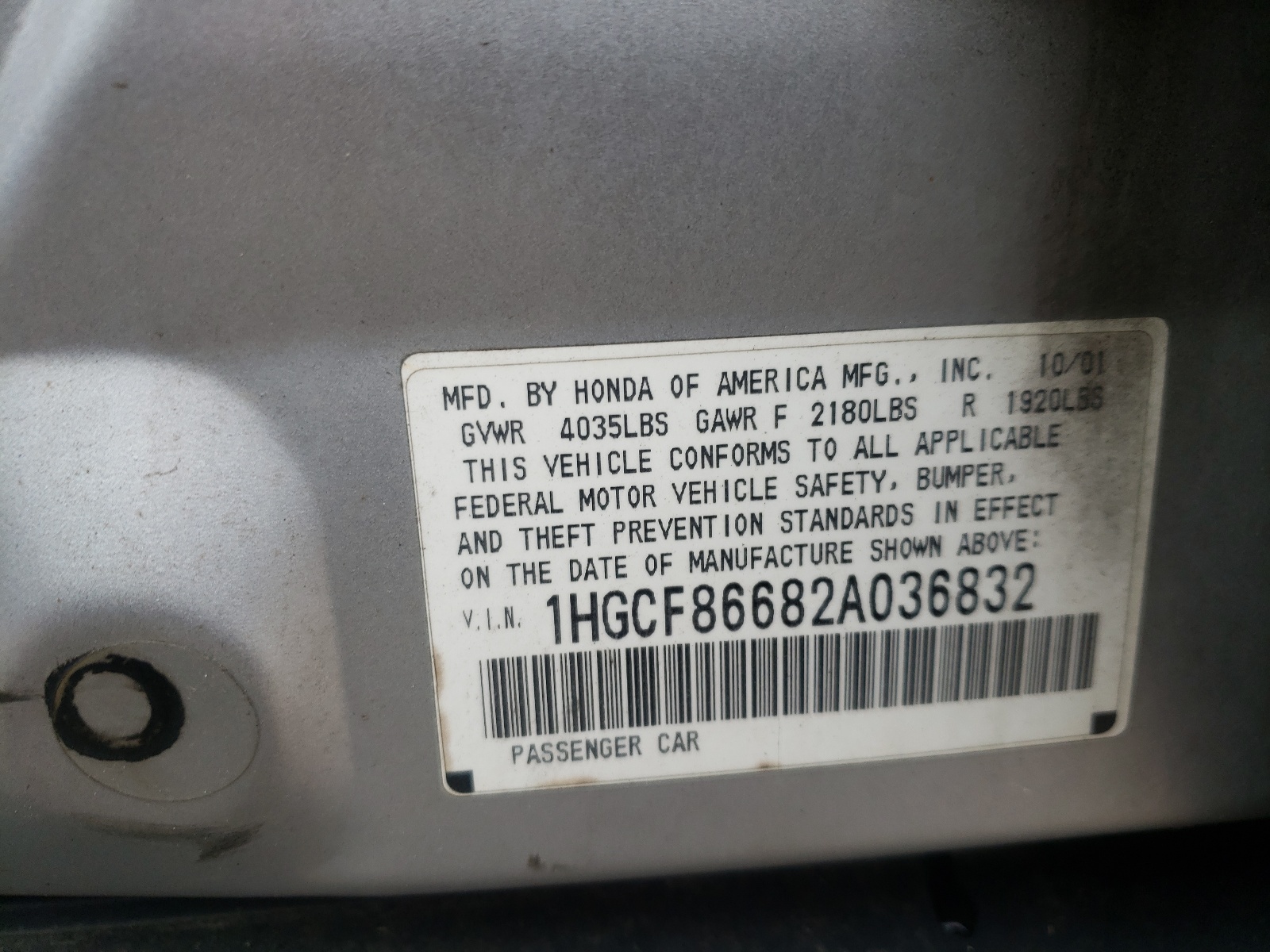Zdjęcie 10 z aukcji – 2002 HONDA ACCORD z VIN 1HGCF86682A036832