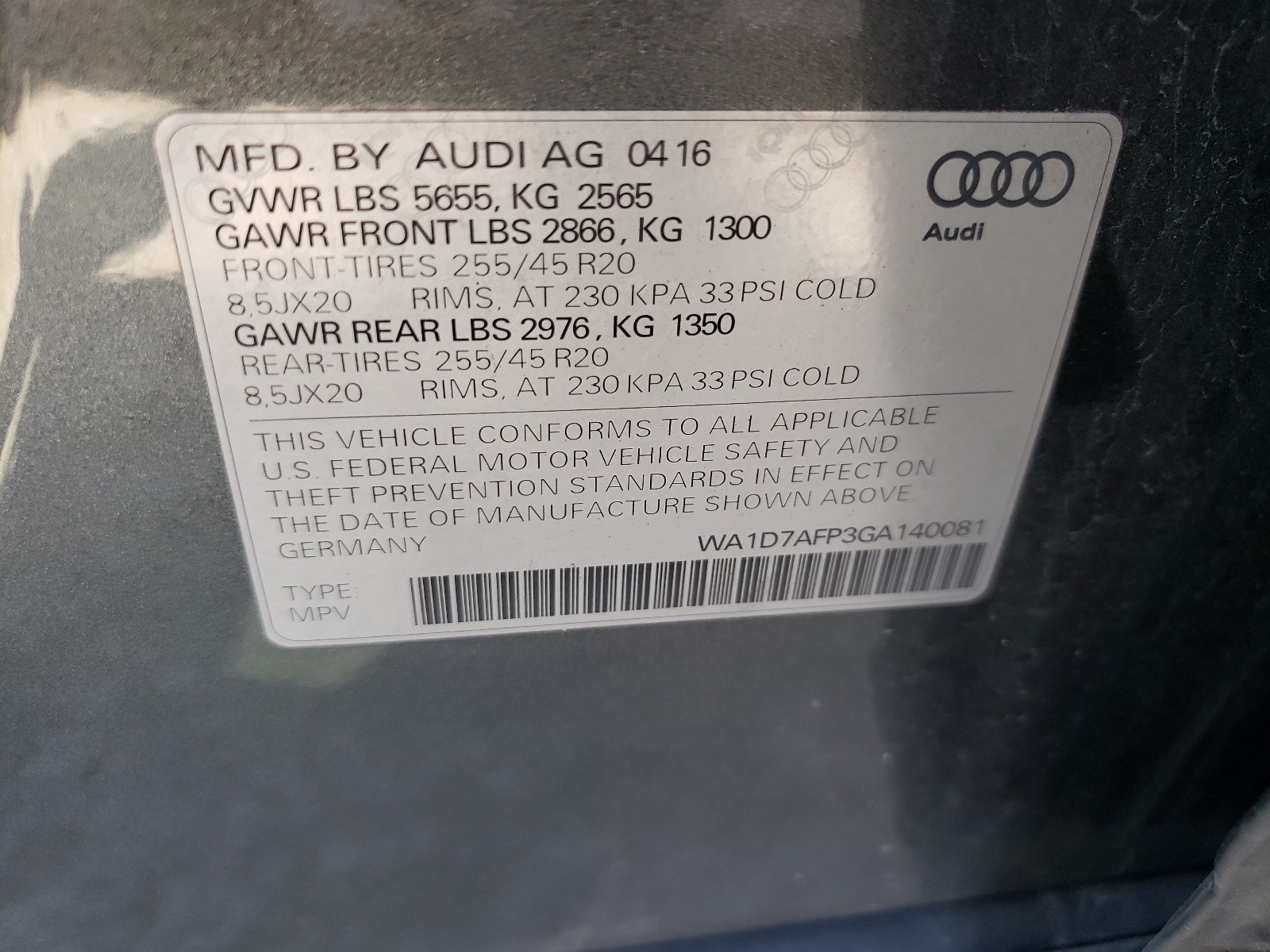 Photo 10 from auction – 2016 AUDI Q5 PREMIUM with VIN WA1D7AFP3GA140081