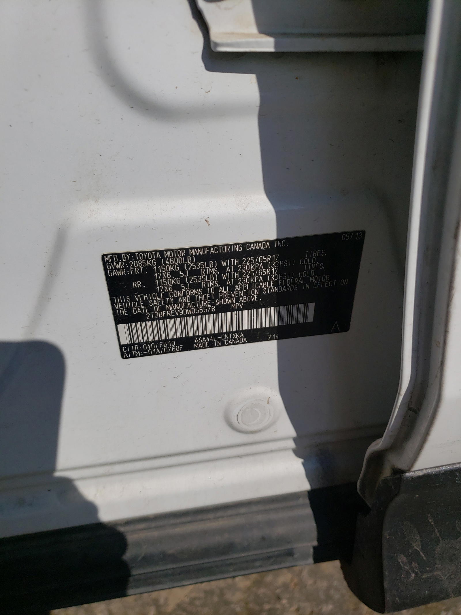 Photo 10 from auction – 2013 TOYOTA RAV4 LE with VIN 2T3BFREV9DW055578