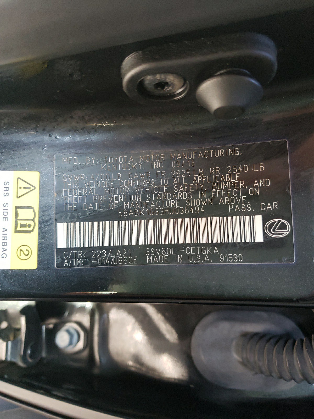Photo 10 from auction – 2017 LEXUS ES 350 with VIN 58ABK1GG3HU036494