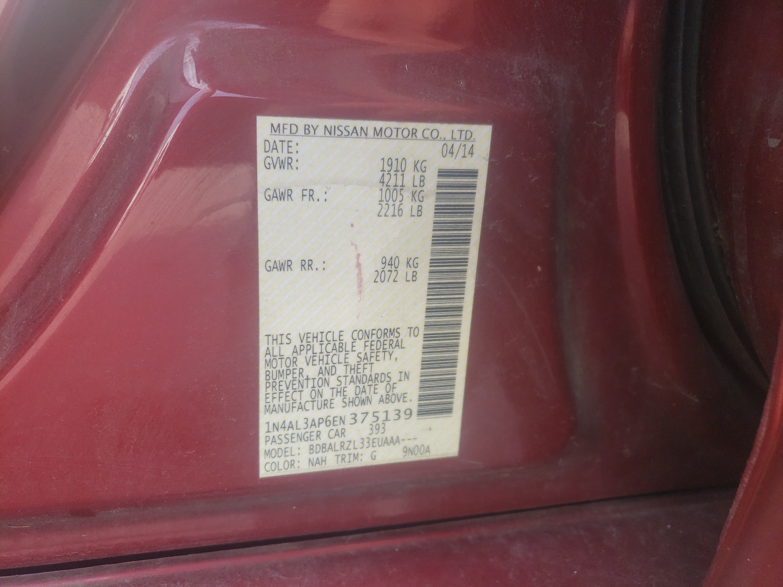 Photo 10 from auction – 2014 NISSAN ALTIMA 2.5 with VIN 1N4AL3AP6EN375139