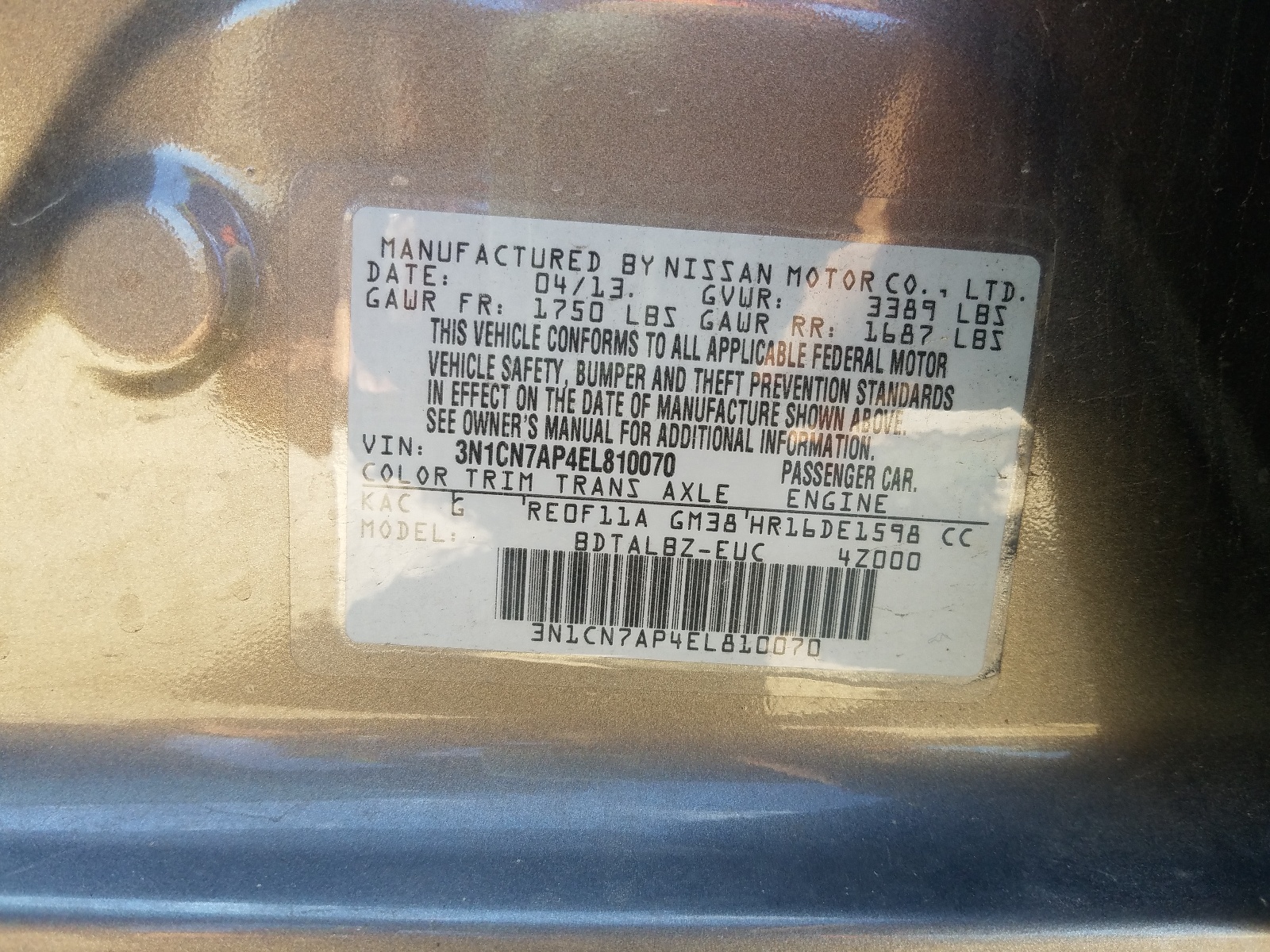 Photo 10 from auction – 2014 NISSAN VERSA S with VIN 3N1CN7AP4EL810070