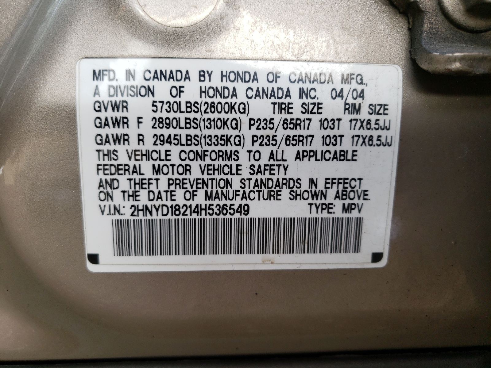 Photo 10 from auction – 2004 ACURA MDX with VIN 2HNYD18214H536549