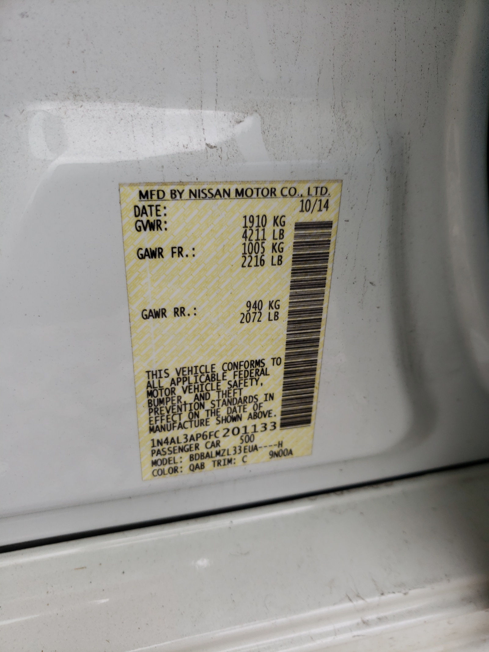 Photo 10 from auction – 2015 NISSAN ALTIMA S with VIN 1N4AL3AP6FC201133