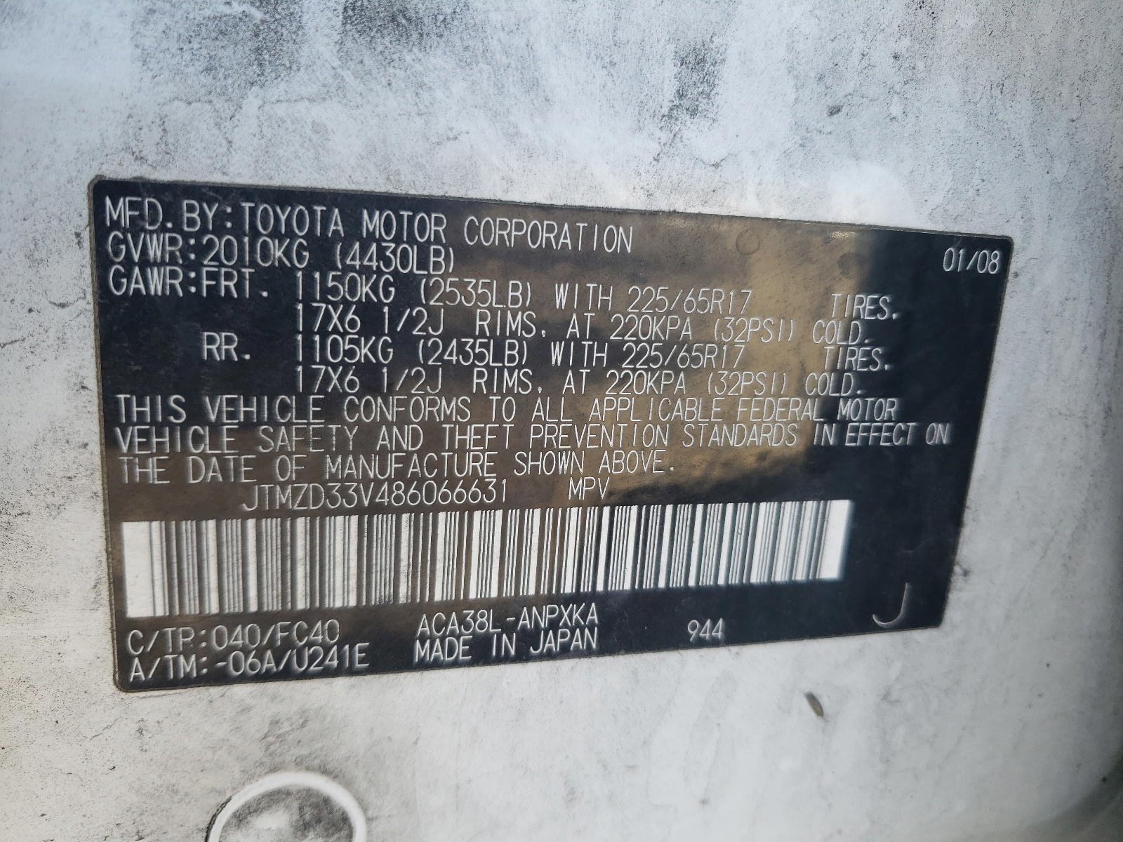 Photo 10 from auction – 2008 TOYOTA RAV4 with VIN JTMZD33V486066631