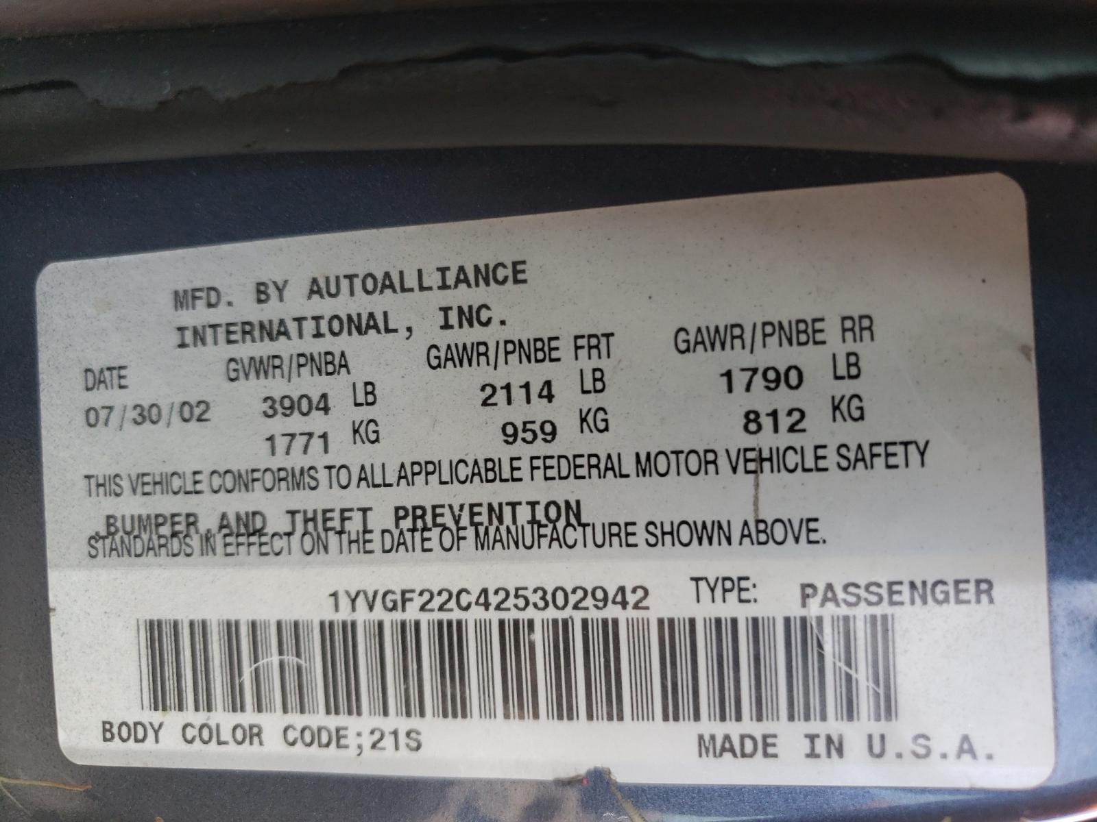 Photo 10 from auction – 2002 MAZDA 626 LX with VIN 1YVGF22C425302942