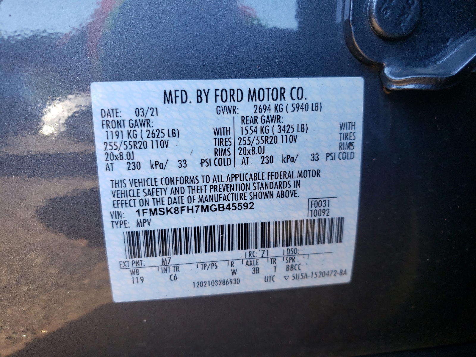 Photo 10 from auction – 2021 FORD EXPLORER L with VIN 1FMSK8FH7MGB45592