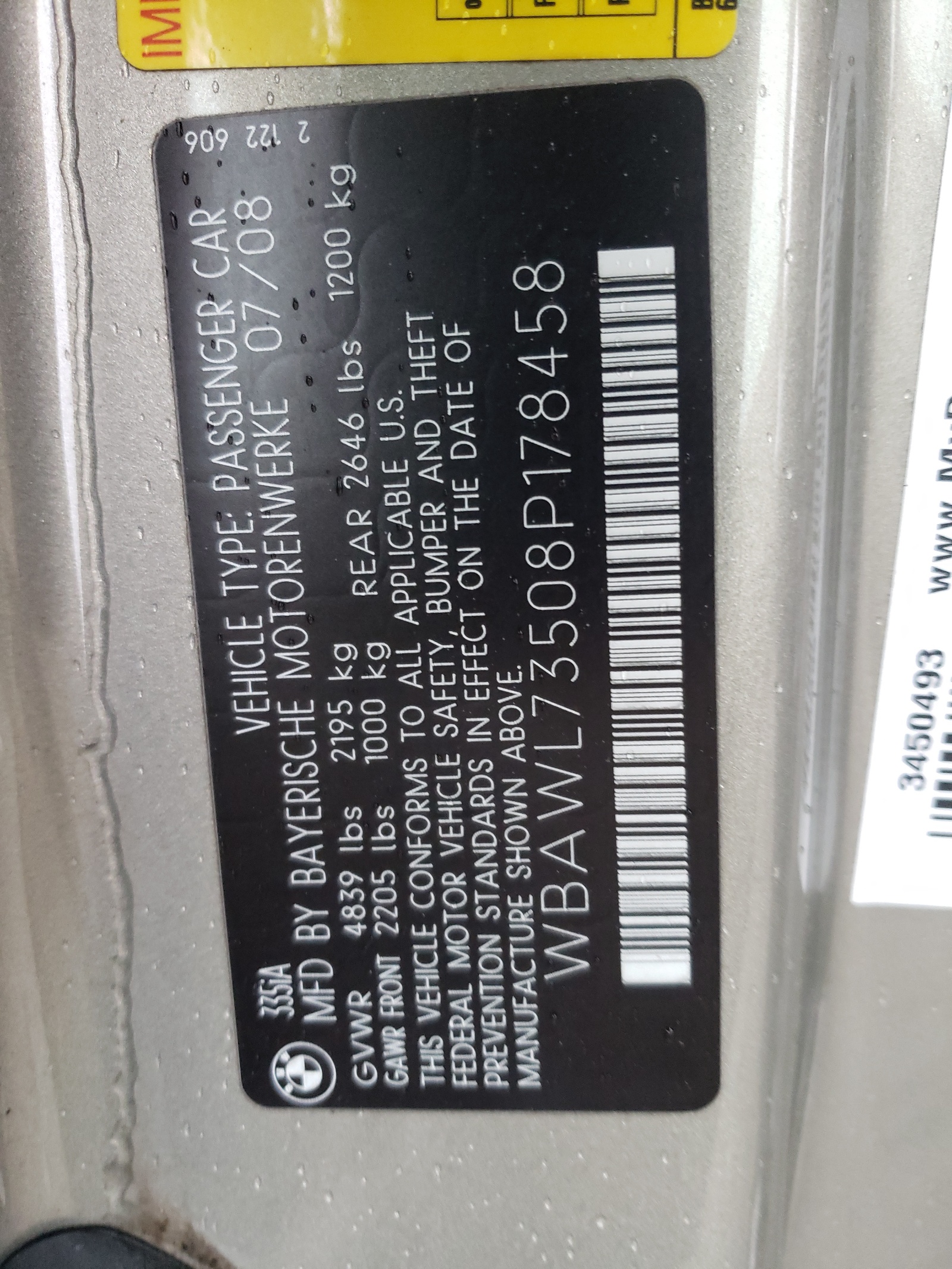 Photo 10 from auction – 2008 BMW 335 I with VIN WBAWL73508P178458