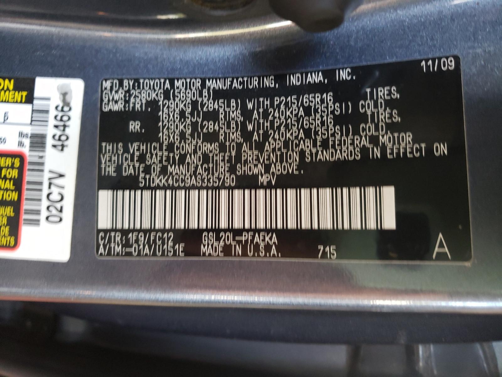 Photo 10 from auction – 2010 TOYOTA SIENNA CE with VIN 5TDKK4CC9AS335790