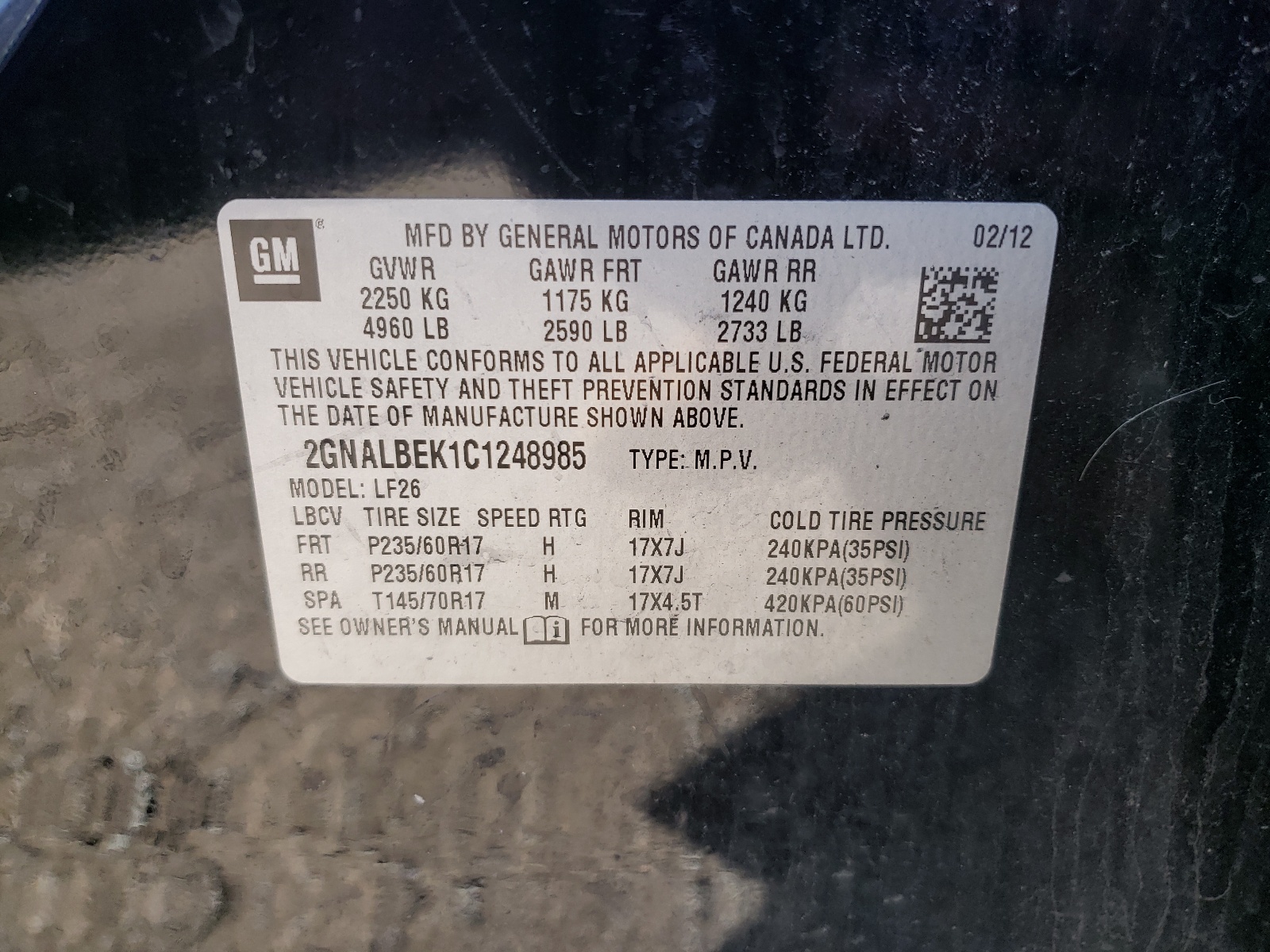 Photo 10 from auction – 2012 CHEVROLET EQUINOX LS with VIN 2GNALBEK1C1248985