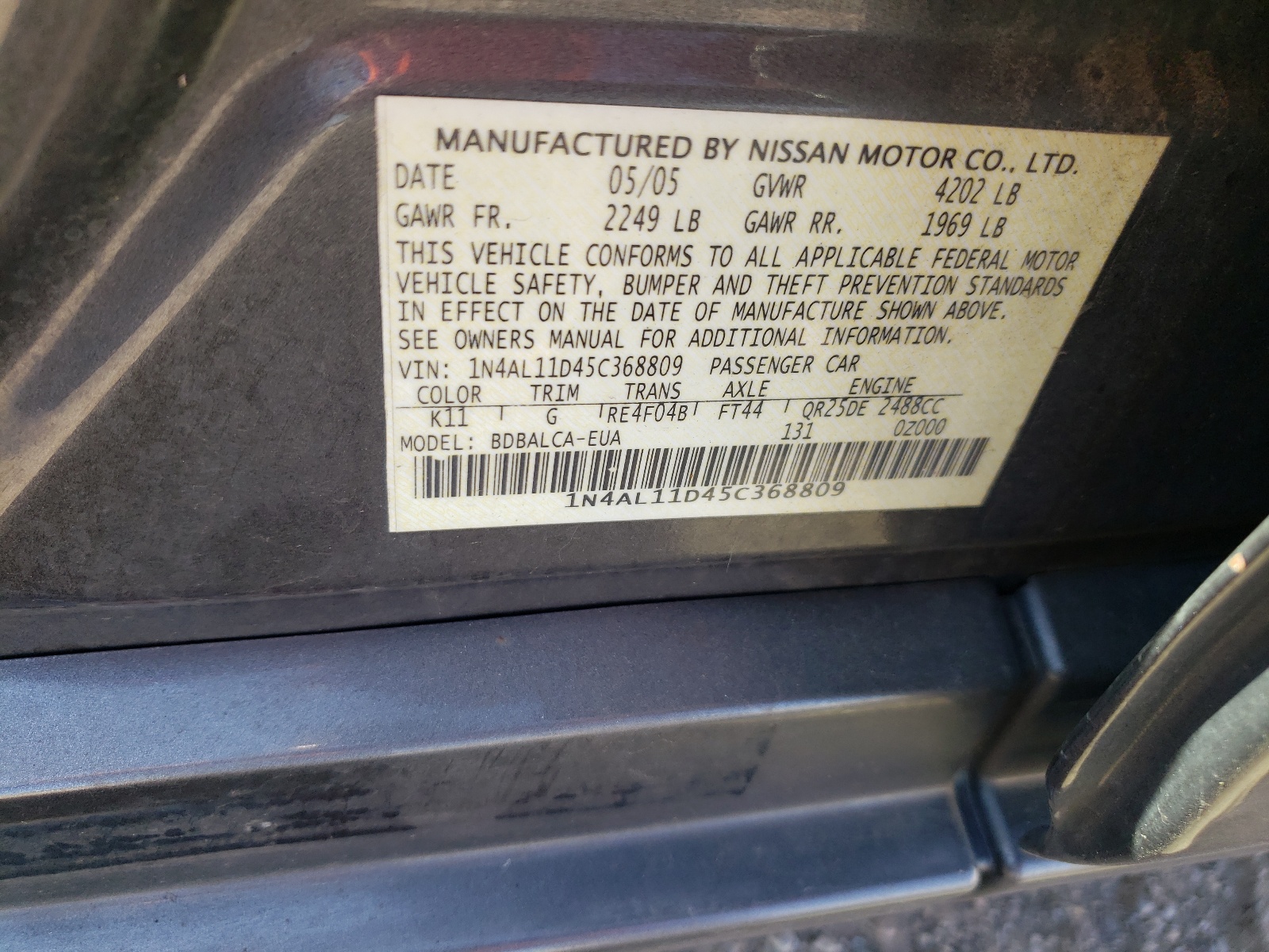 Photo 10 from auction – 2005 NISSAN ALTIMA S with VIN 1N4AL11D45C368809