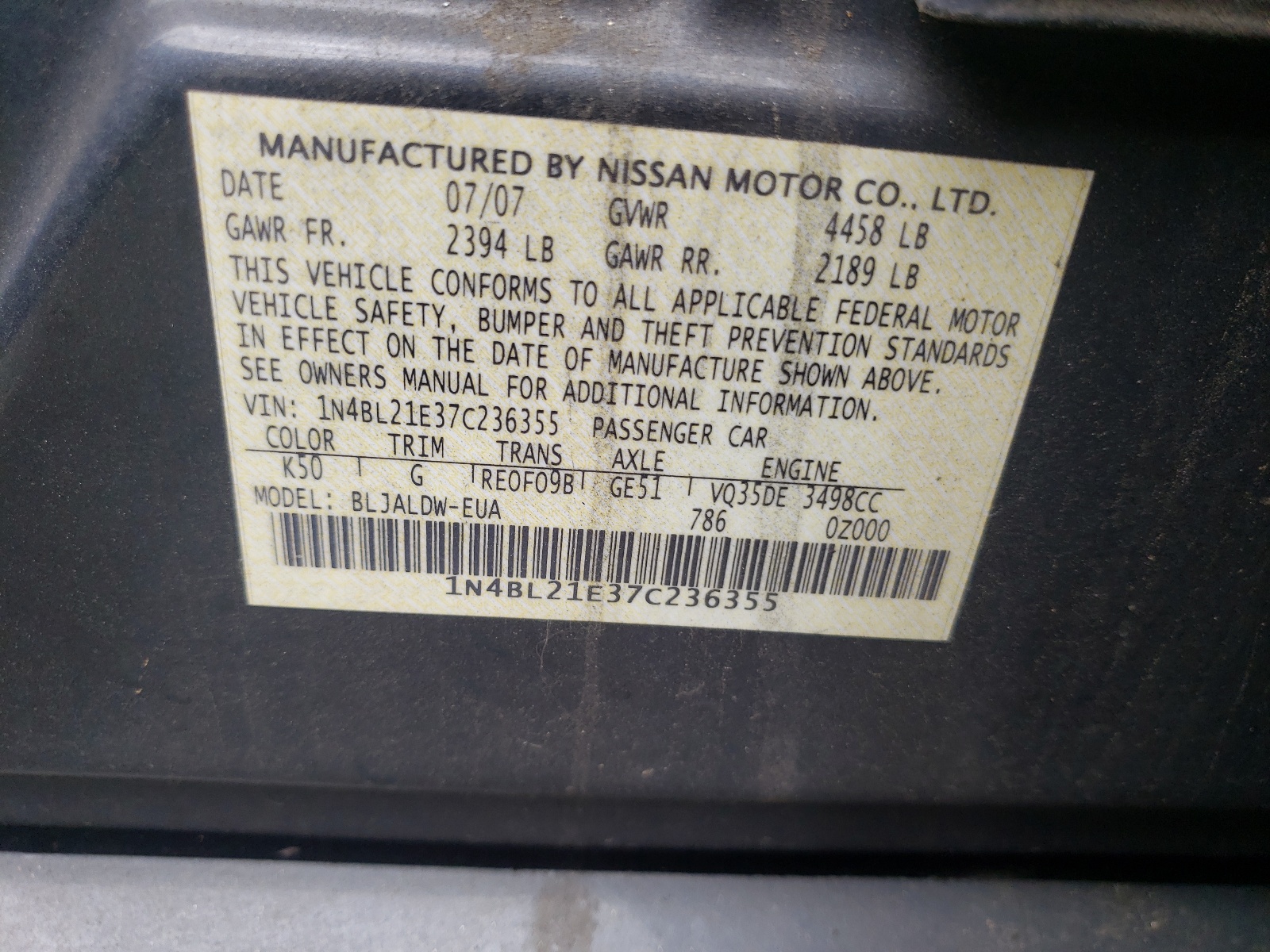 Photo 10 from auction – 2007 NISSAN ALTIMA 3.5 with VIN 1N4BL21E37C236355