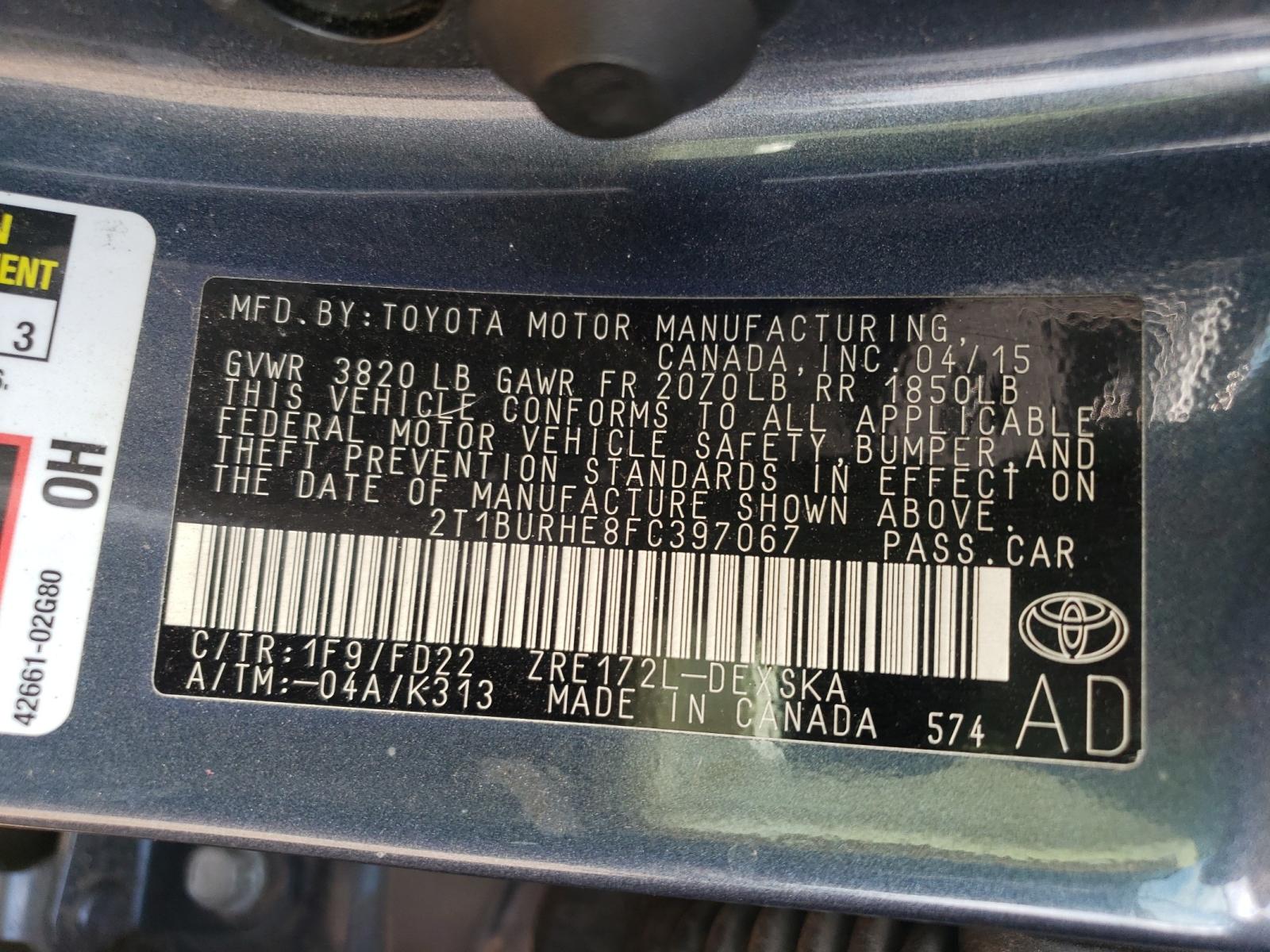 Photo 10 from auction – 2015 TOYOTA COROLLA L with VIN 2T1BURHE8FC397067
