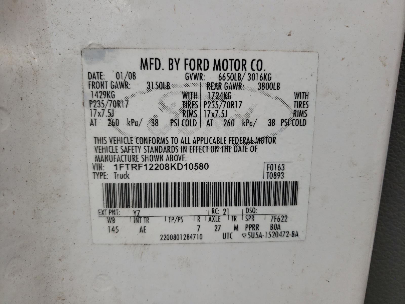 Photo 10 from auction – 2008 FORD F150 with VIN 1FTRF12208KD10580