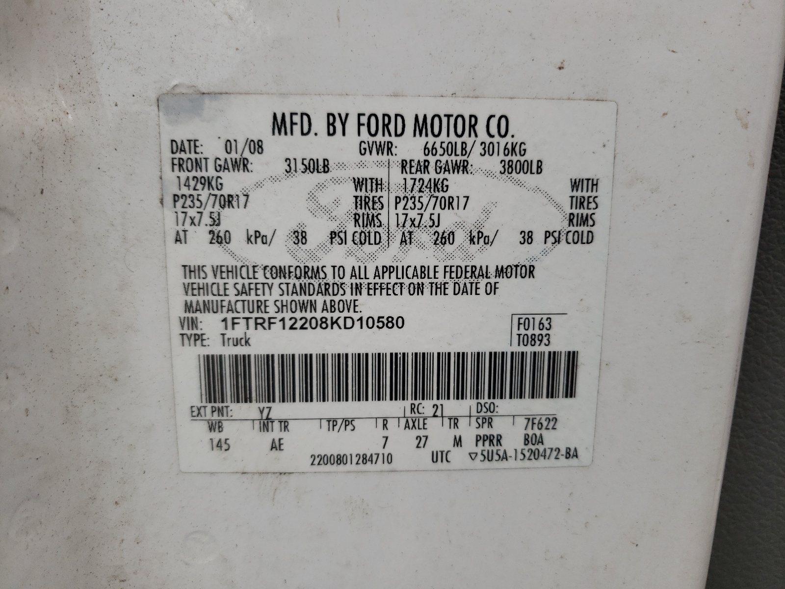 Zdjęcie 10 z aukcji – 2008 FORD F150 z VIN 1FTRF12208KD10580