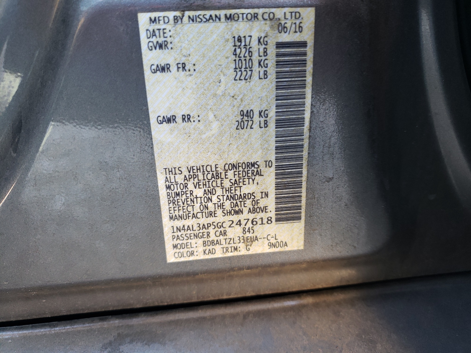 Photo 10 from auction – 2016 NISSAN ALTIMA 2.5 with VIN 1N4AL3AP5GC247618