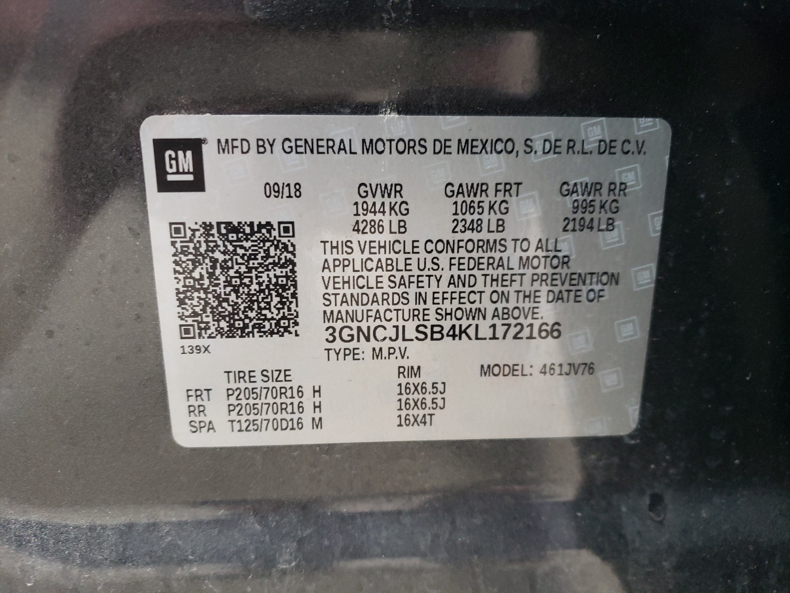 Photo 10 from auction – 2019 CHEVROLET TRAX 1LT with VIN 3GNCJLSB4KL172166