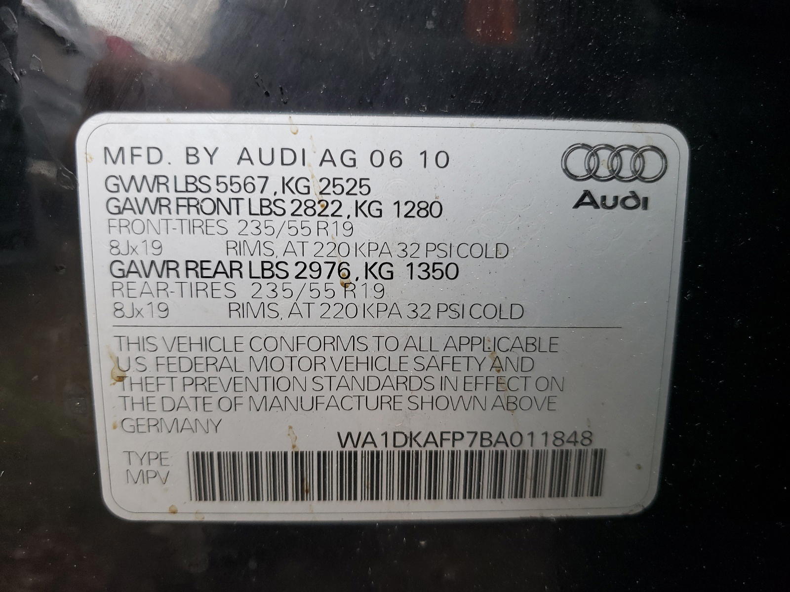 Photo 10 from auction – 2011 AUDI Q5 PREMIUM with VIN WA1DKAFP7BA011848