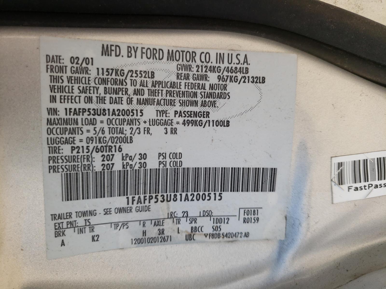 Photo 10 from auction – 2001 FORD TAURUS SE with VIN 1FAFP53U81A200515