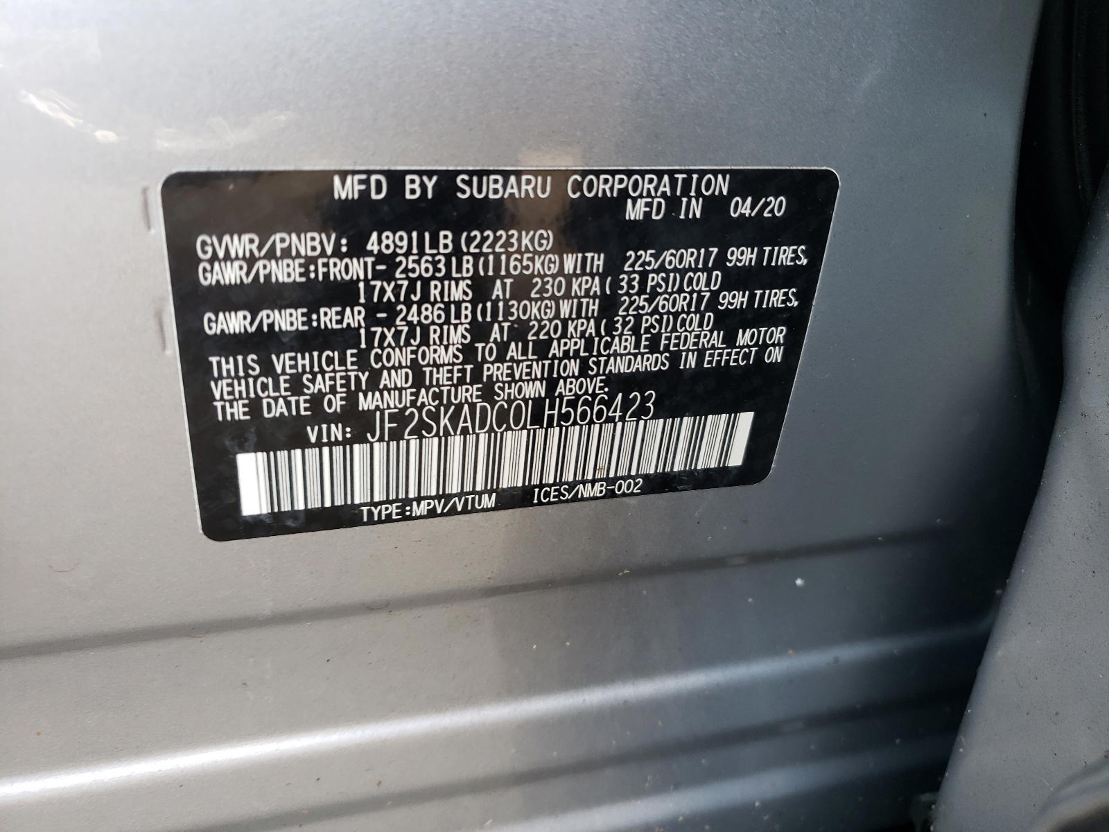 Photo 10 from auction – 2020 SUBARU FORESTER with VIN JF2SKADC0LH566423