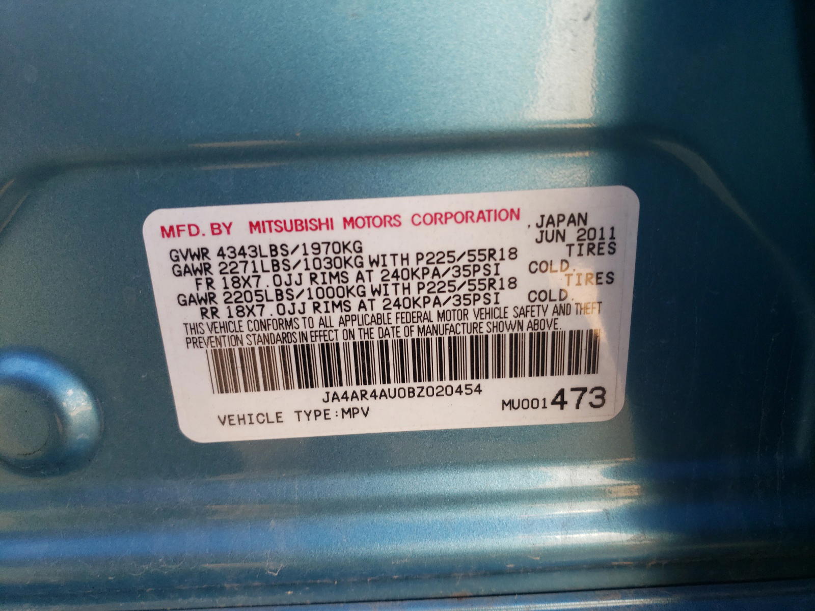 Photo 10 from auction – 2011 MITSUBISHI OUTLANDER with VIN JA4AR4AU0BZ020454