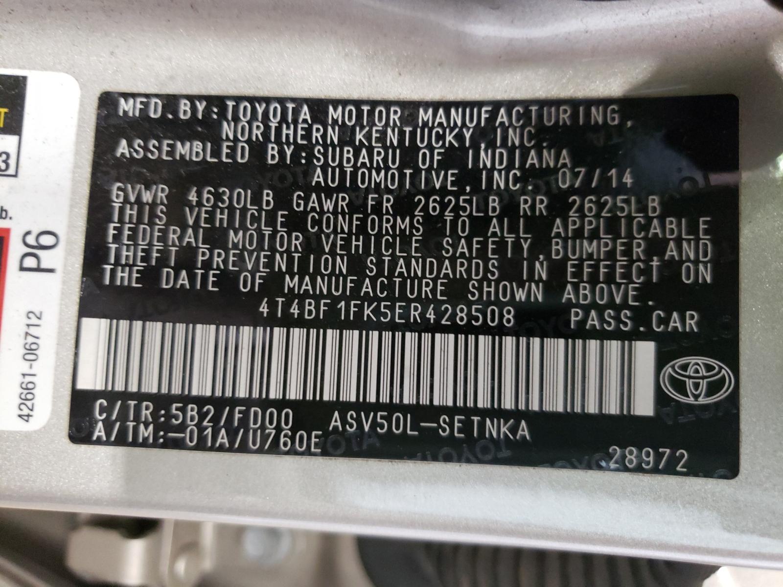 Photo 10 from auction – 2014 TOYOTA CAMRY LE with VIN 4T4BF1FK5ER428508