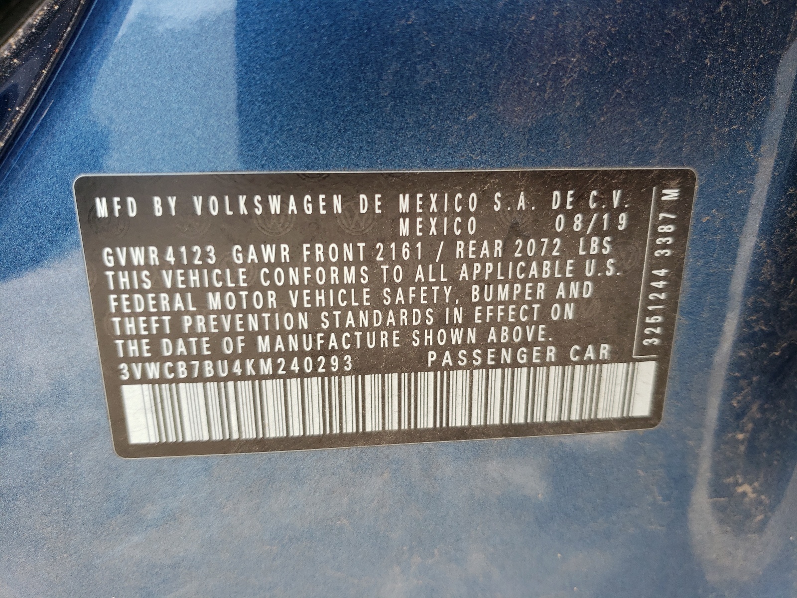 Photo 10 from auction – 2019 VOLKSWAGEN JETTA S with VIN 3VWCB7BU4KM240293