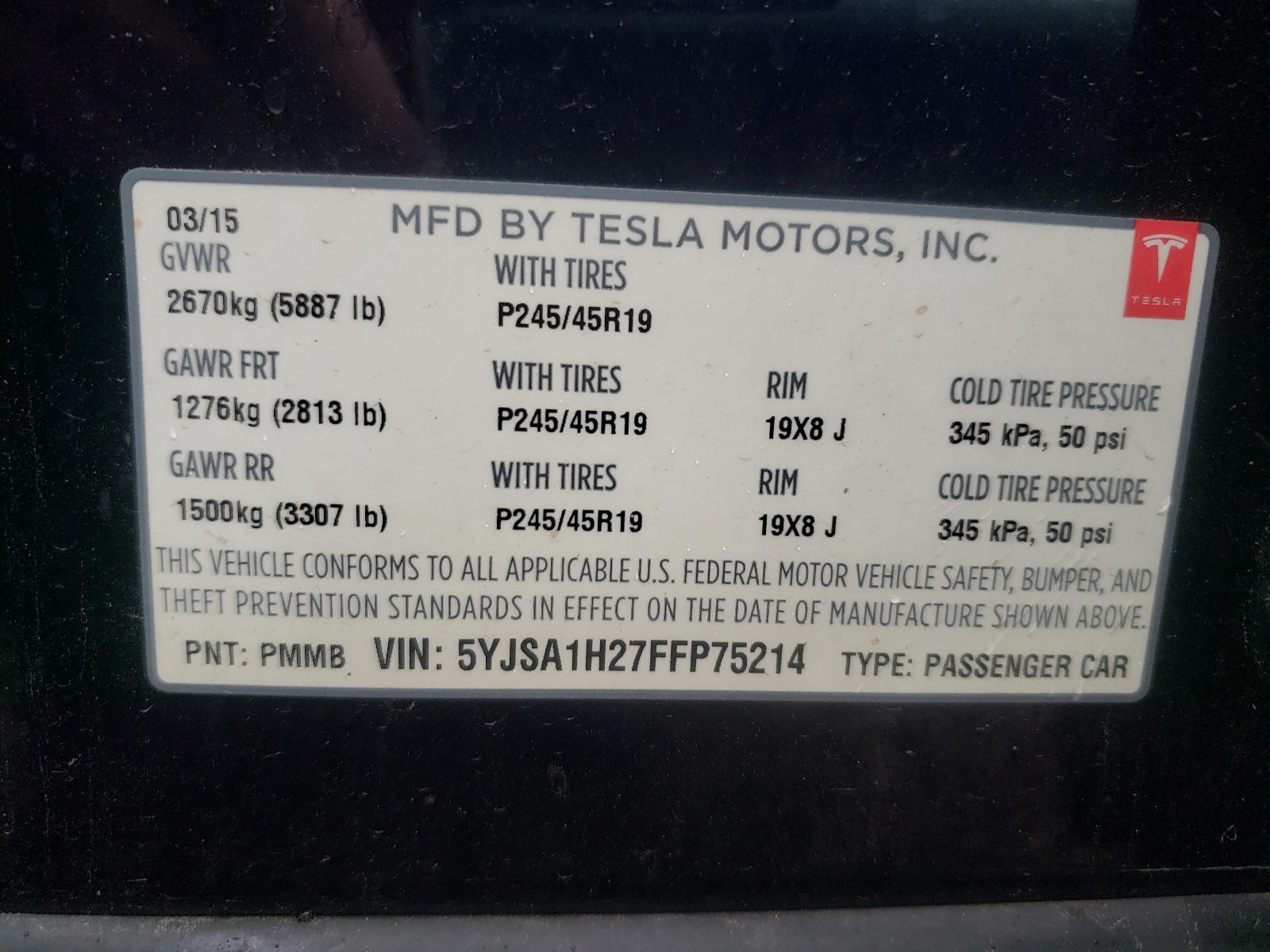 Photo 10 from auction – 2015 TESLA MODEL S 85 with VIN 5YJSA1H27FFP75214