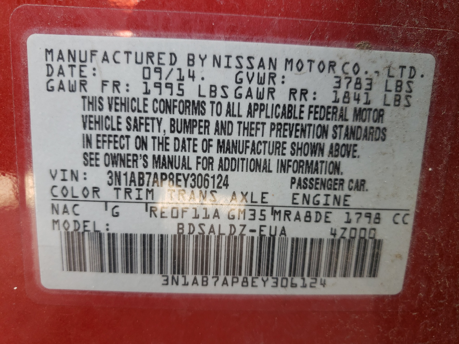 Photo 10 from auction – 2014 NISSAN SENTRA S with VIN 3N1AB7AP8EY306124