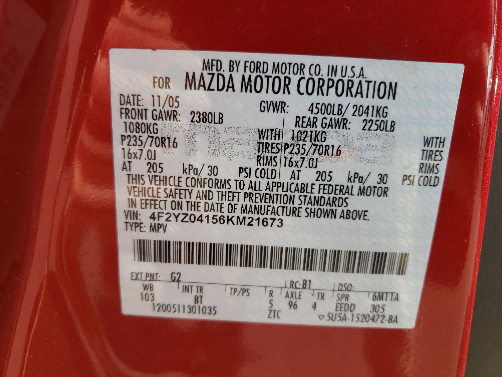 Photo 10 from auction – 2006 MAZDA TRIBUTE S with VIN 4F2YZ04156KM21673