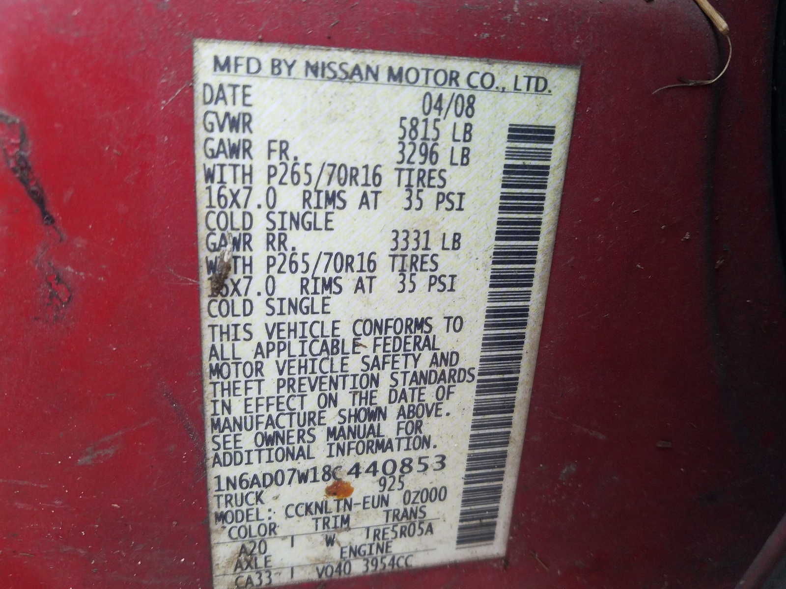 Photo 10 from auction – 2008 NISSAN FRONTIER C with VIN 1N6AD07W18C440853