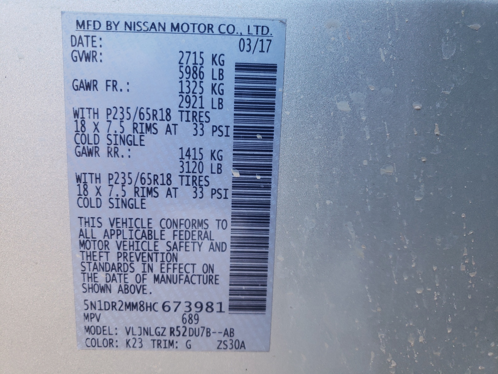 Photo 10 from auction – 2017 NISSAN PATHFINDER with VIN 5N1DR2MM8HC673981