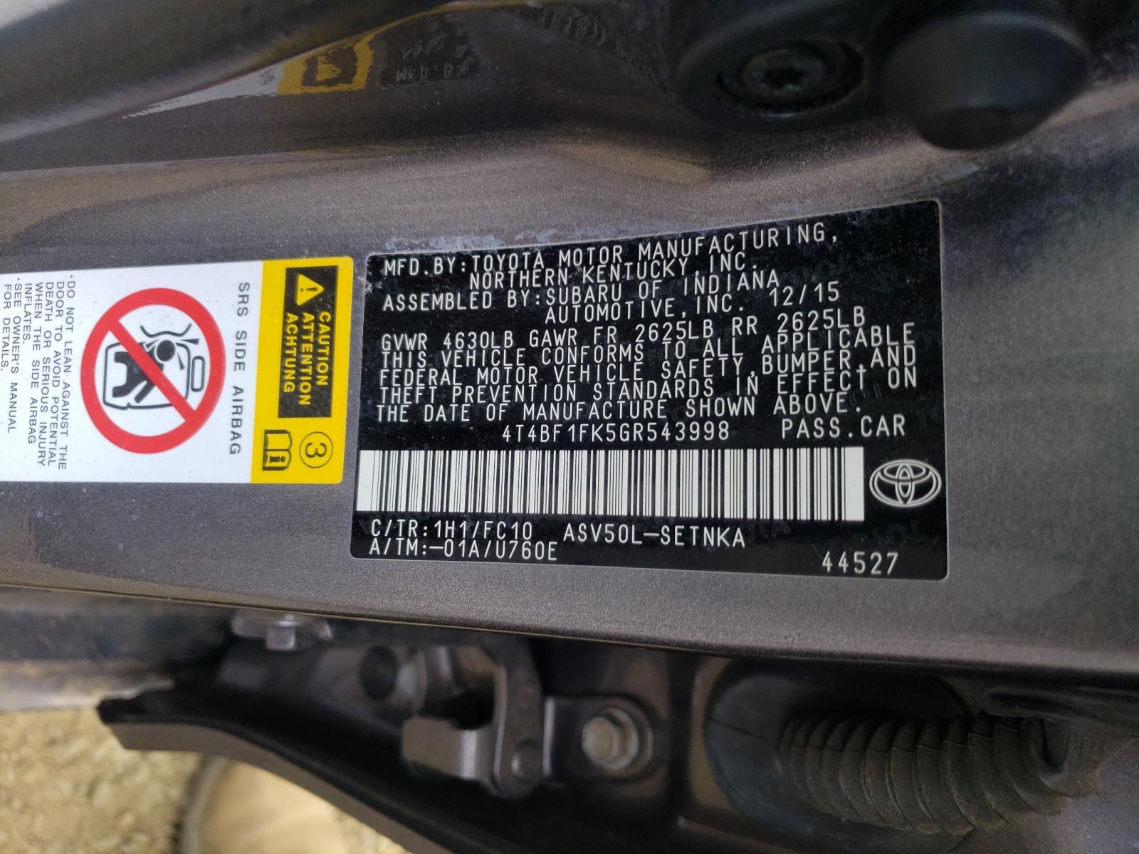 Photo 10 from auction – 2016 TOYOTA CAMRY LE with VIN 4T4BF1FK5GR543998