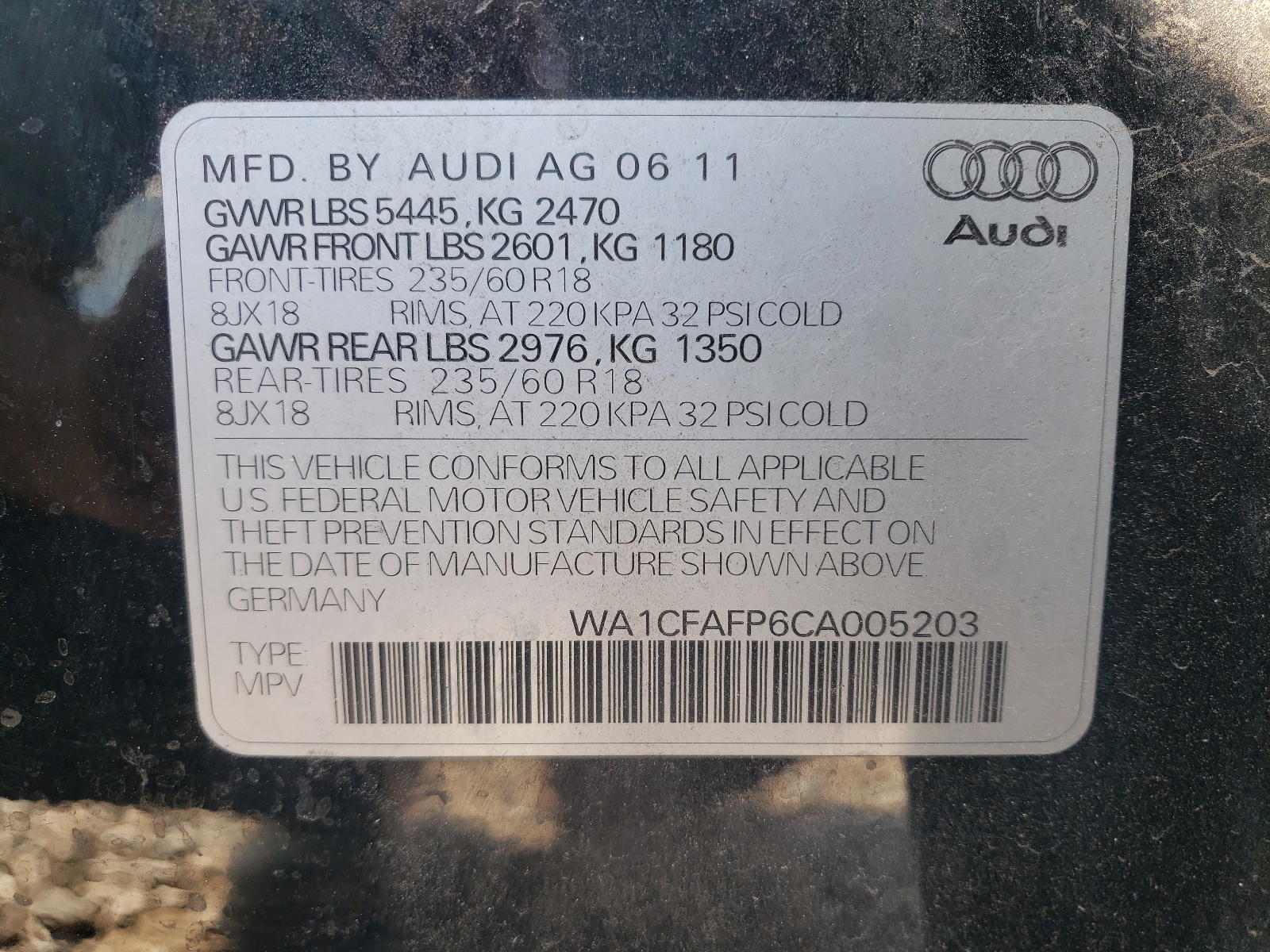 Photo 10 from auction – 2012 AUDI Q5 PREMIUM with VIN WA1CFAFP6CA005203