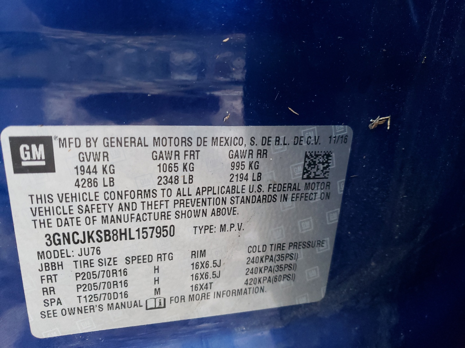 Photo 10 from auction – 2017 CHEVROLET TRAX LS with VIN 3GNCJKSB8HL157950