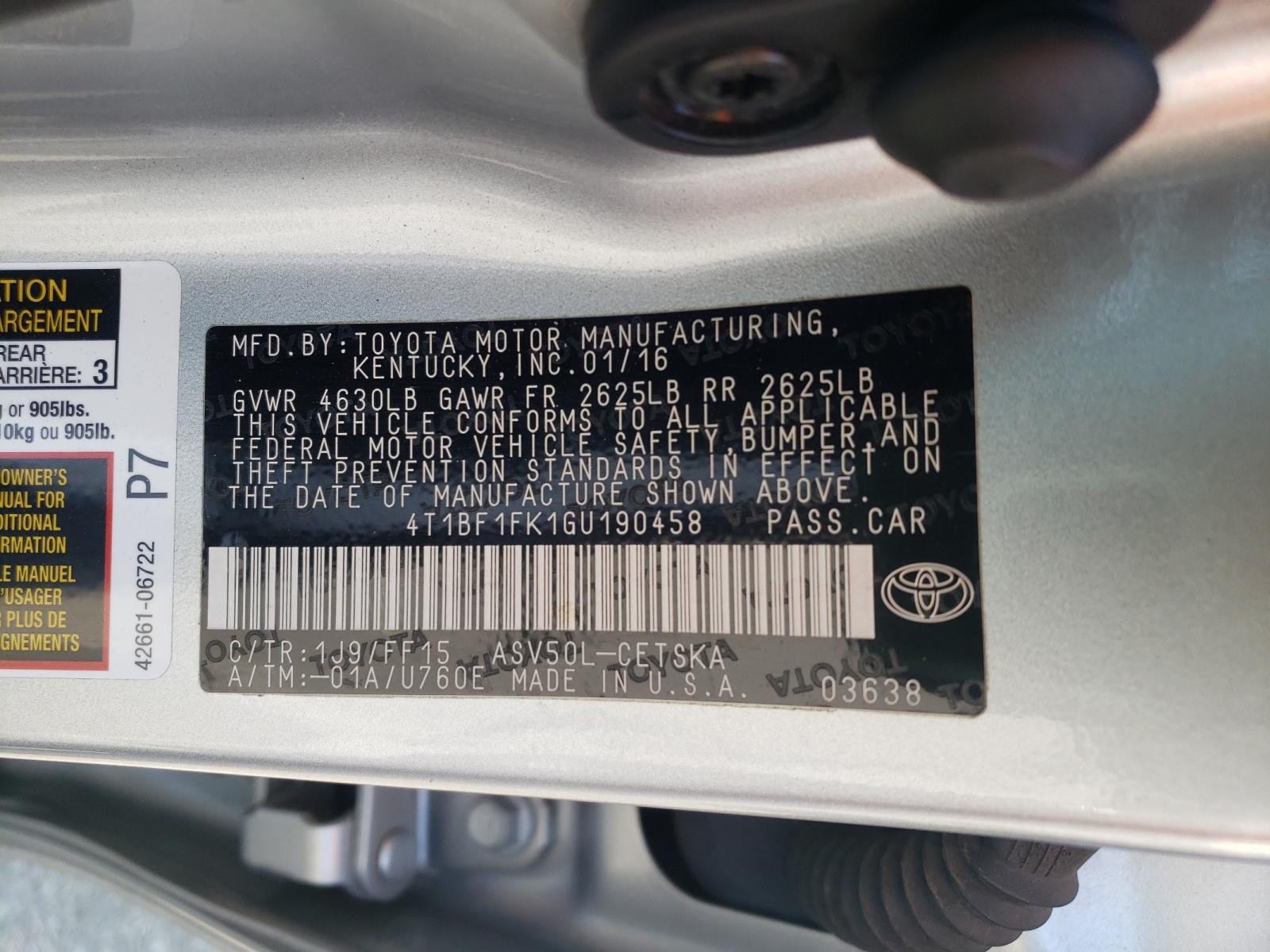 Photo 10 from auction – 2016 TOYOTA CAMRY LE with VIN 4T1BF1FK1GU190458