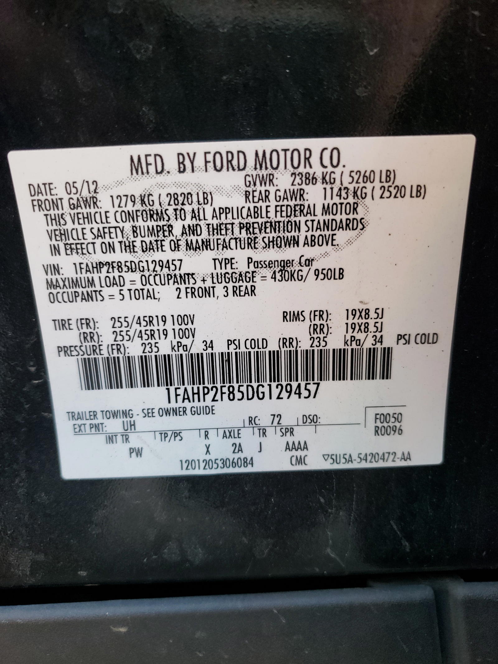 Photo 10 from auction – 2013 FORD TAURUS LIM with VIN 1FAHP2F85DG129457
