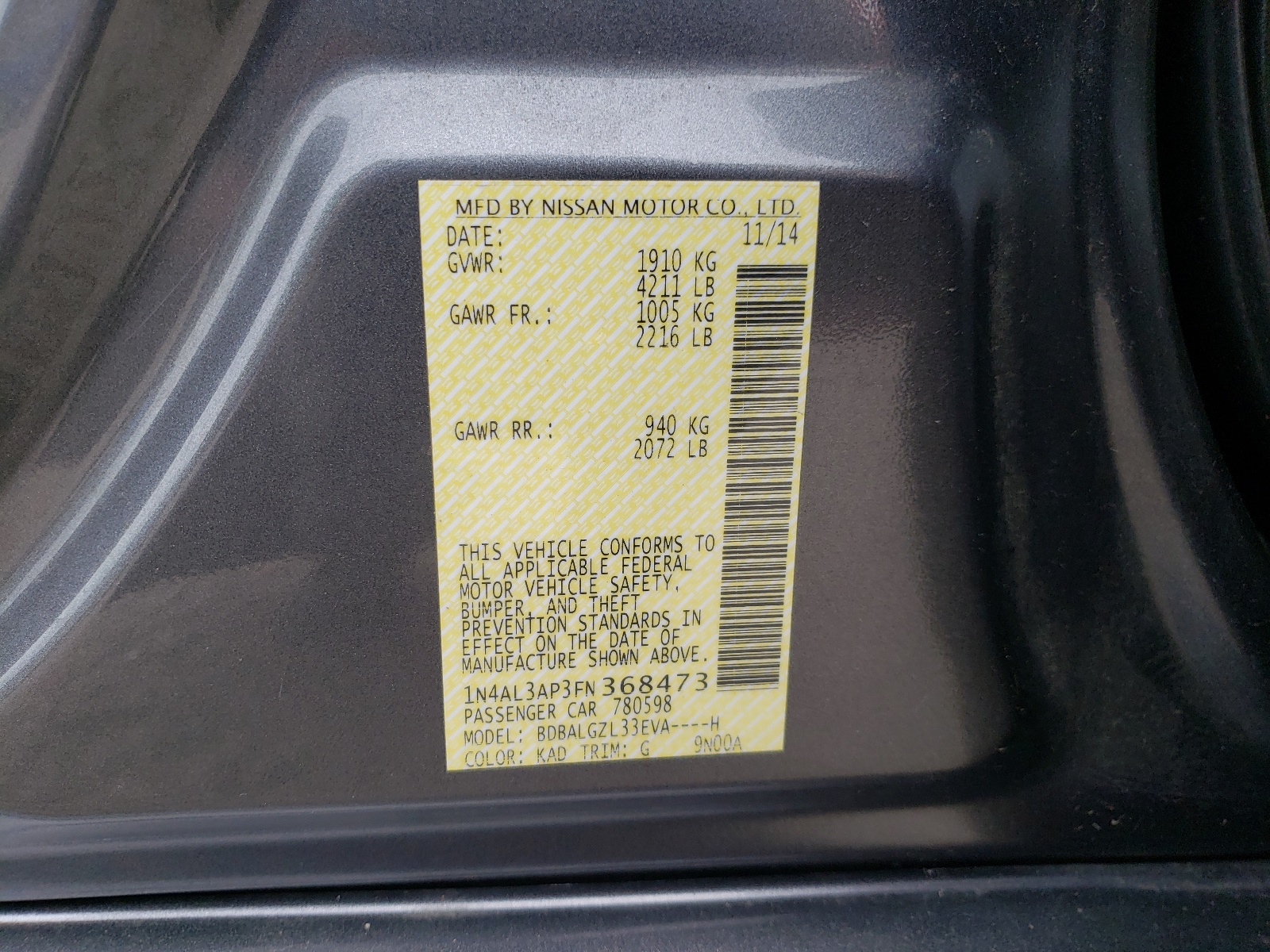 Photo 10 from auction – 2015 NISSAN ALTIMA 2.5 with VIN 1N4AL3AP3FN368473
